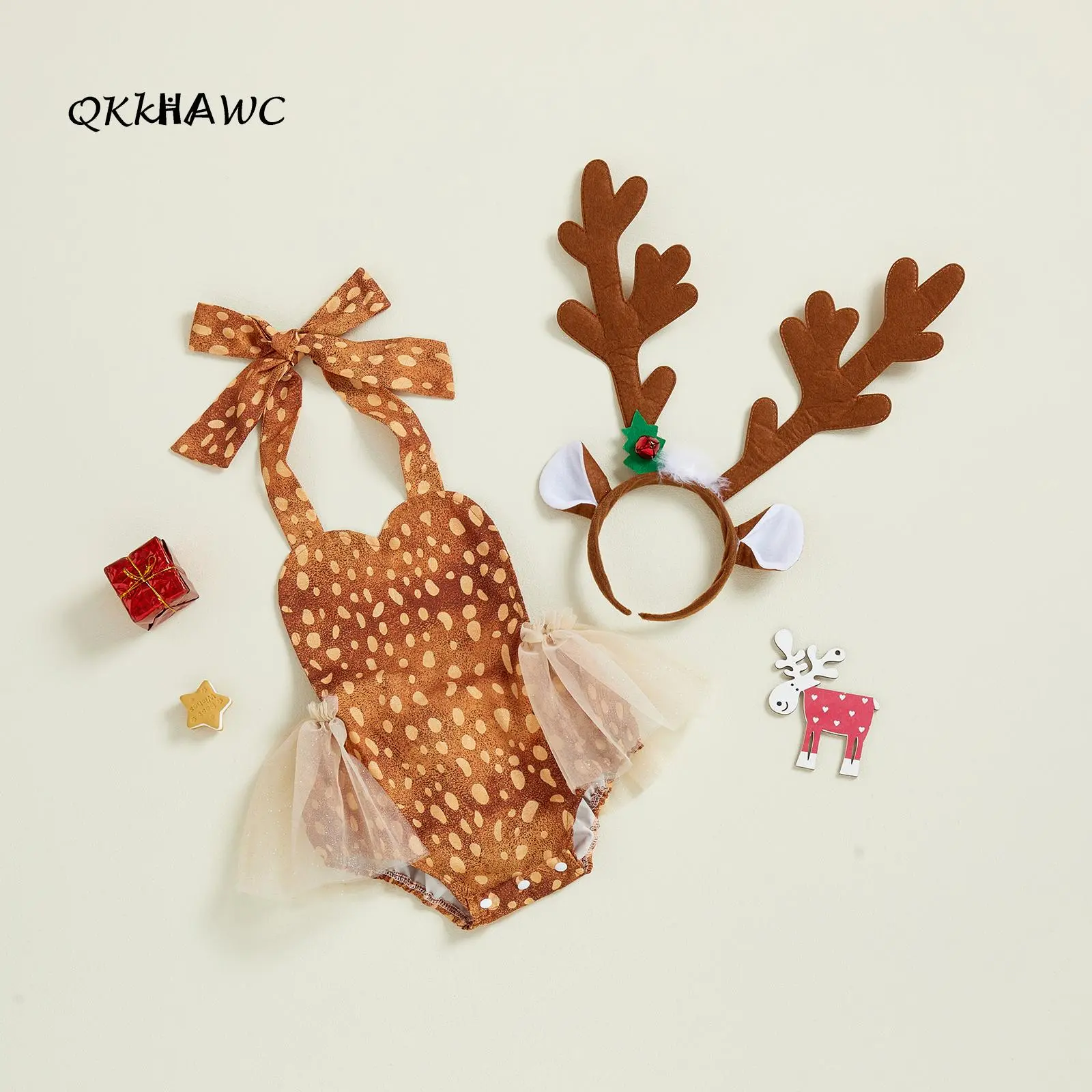 Reindeer Onesie Set for Baby Girls: Sleeveless, backless tulle bodysuit with reindeer antler headband. A cute newborn photoshoot outfit, suitable for holiday role-playing and parties 0-24M
