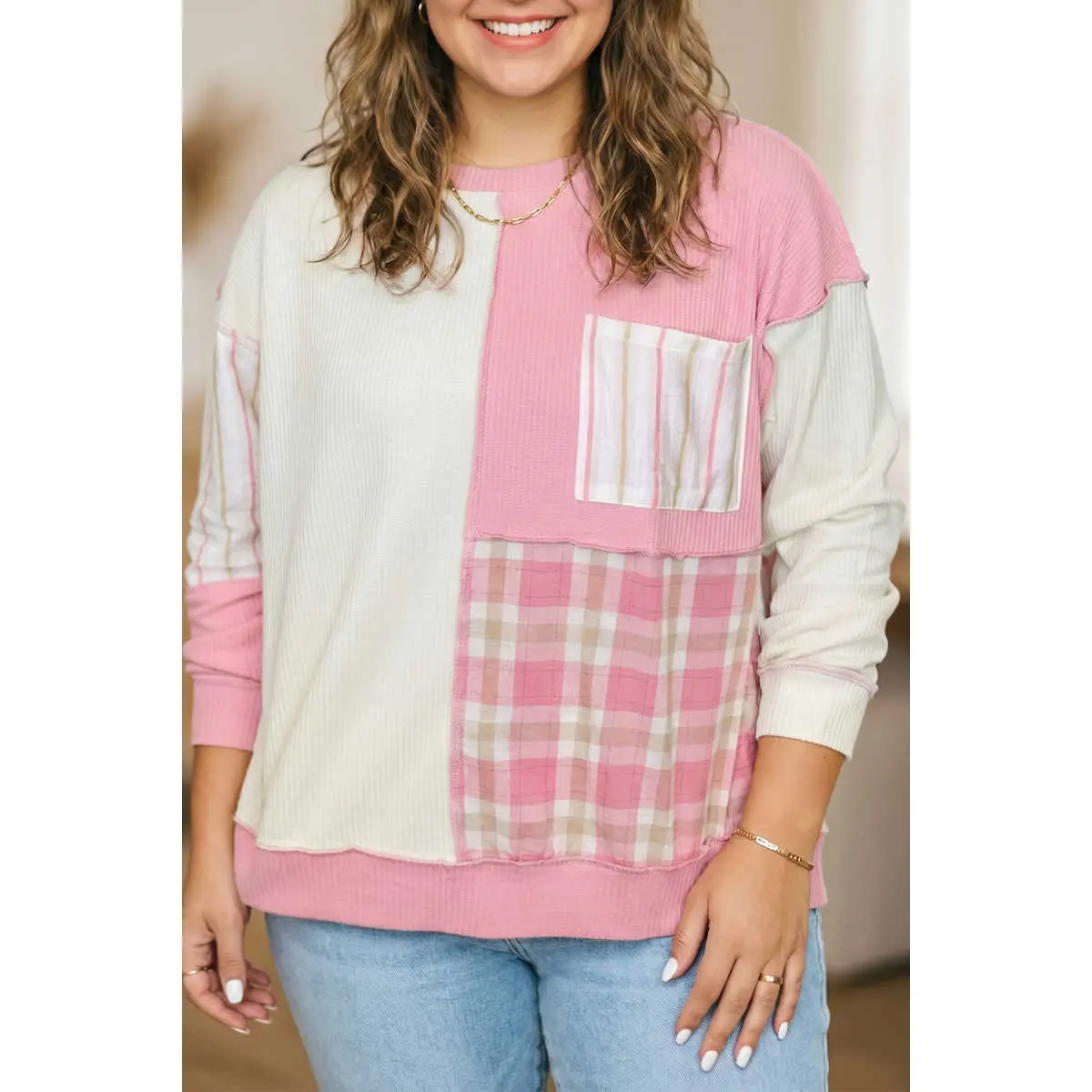Pink Colorblock Plaid Panel Long Sleeve Plus Size Blouse