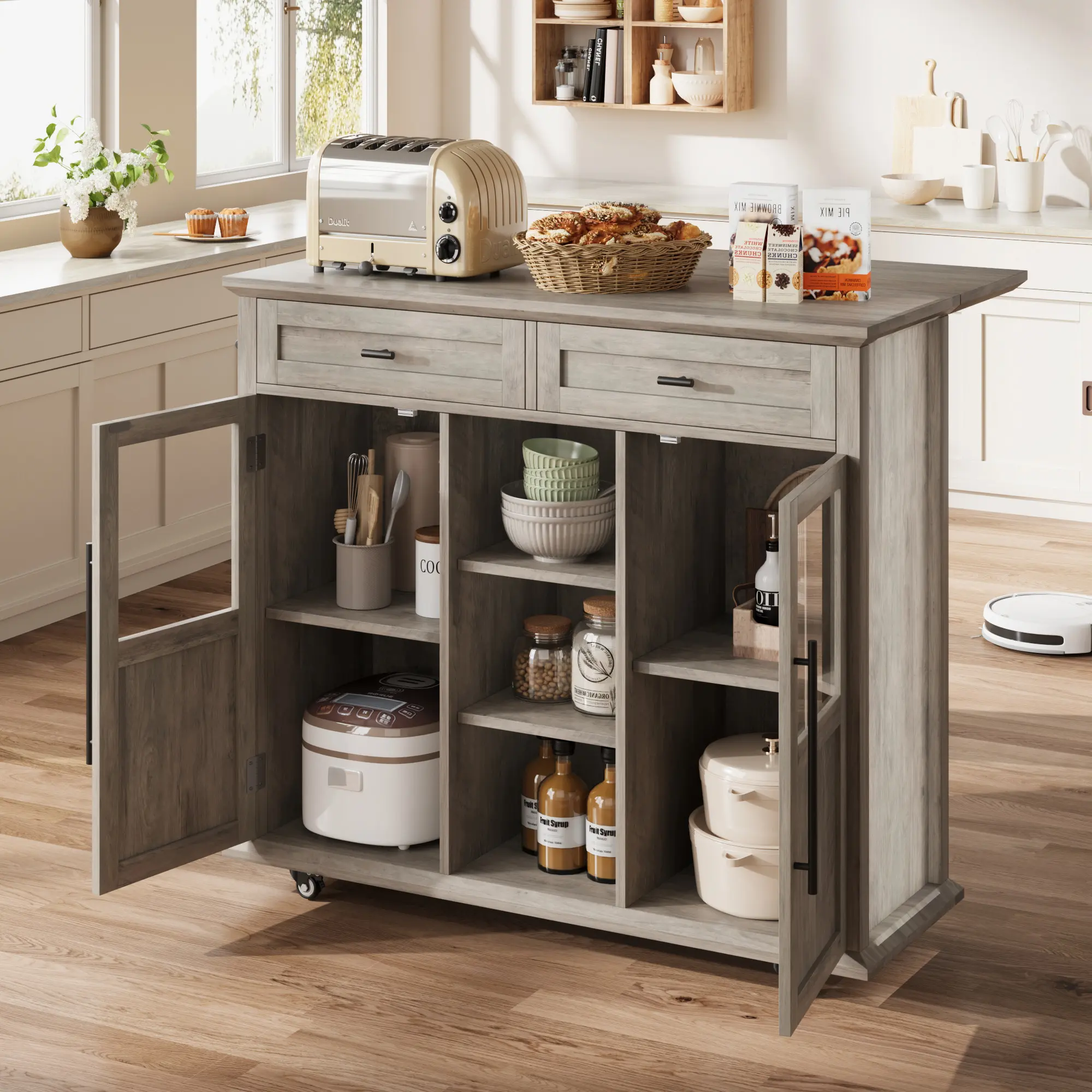 41 Inch Space-Saving Rolling Kitchen Island Cart, Drop Leaf Design with Drawer, Open Shelves & Spice Rack, Rustic White & Natural Wood Finish for Small Spaces Coffee Bar Dining Room