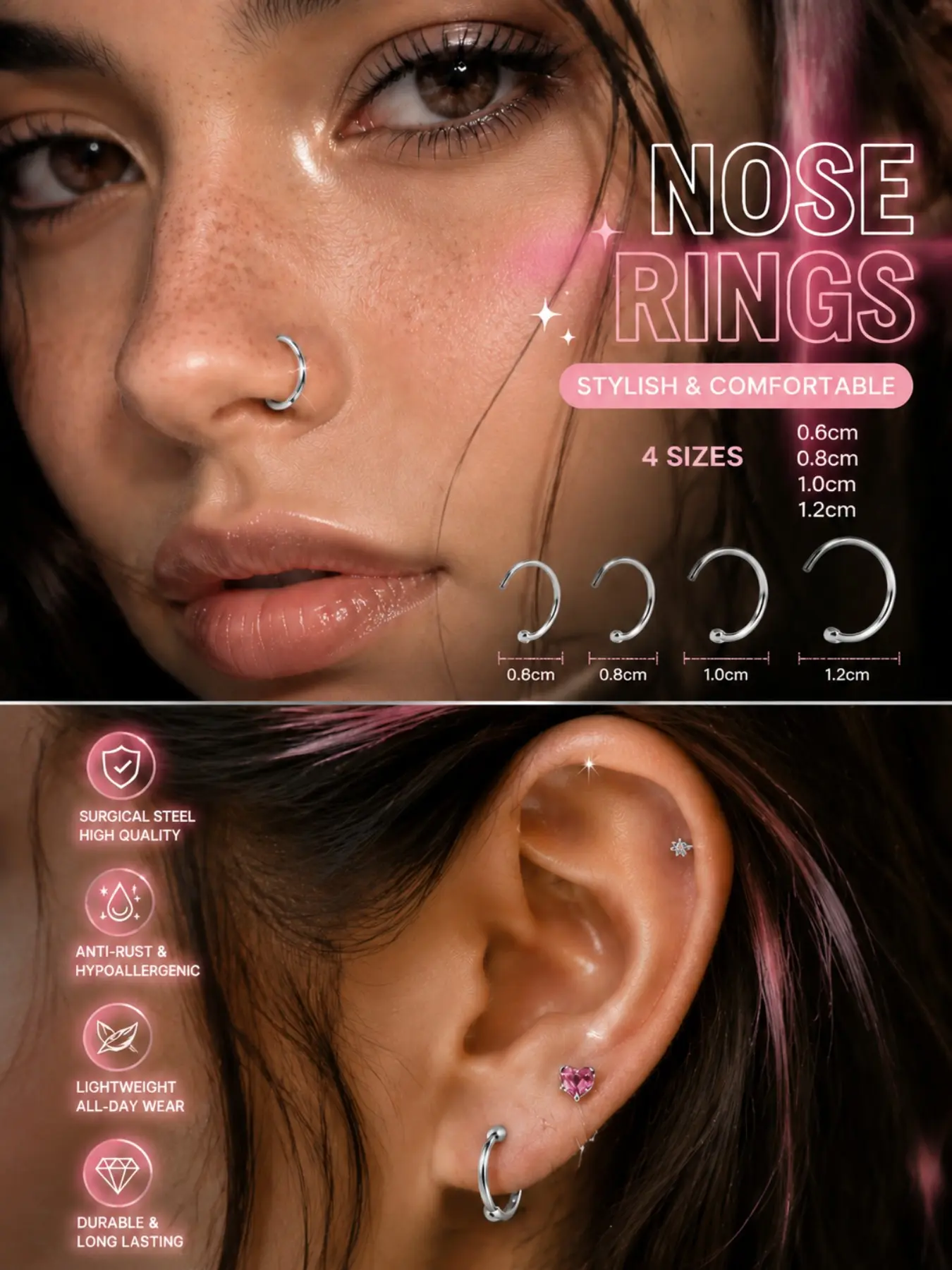 4PCS Y2K Stainless Steel Nose & Ear Hoops, Cool Unisex Body Piercing Jewelry