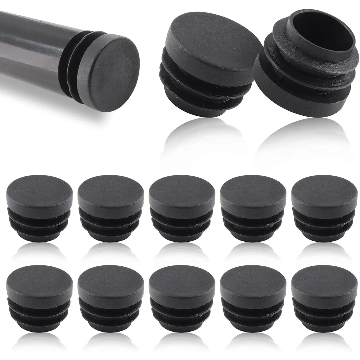 12 Pack 3/4 Inch Plastic Round Plastic Plugs, Black | Round End Caps, Thickened Tubing Plug, Pipe Tubing End Cap, For Chair Table Stool