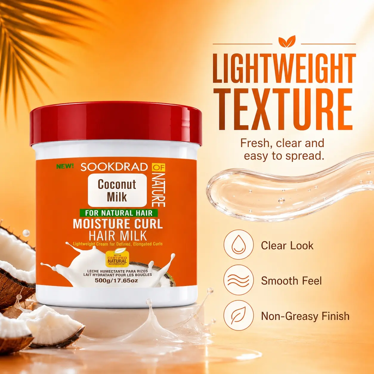 Coconut Milk Moisture Curl Hair Milk, for natural hair, lightweight cream, defined elongated curls, certified natural ingredient, 17.65oz, 500g