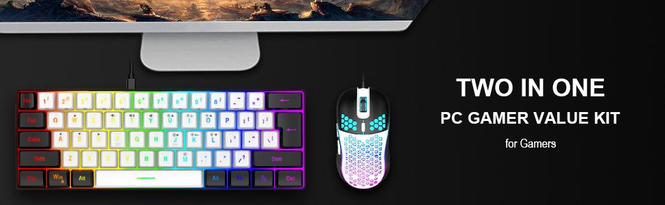 60% Gaming Keyboard and Mouse Combo, Ultra-Compact 61-Key RGB Backlit Mini Keyboard, Lightweight 7200 DPI Honeycomb Optical Mouse, RGB Wired Gaming Set for PC PS5 Xbox Gamer(White-Black)