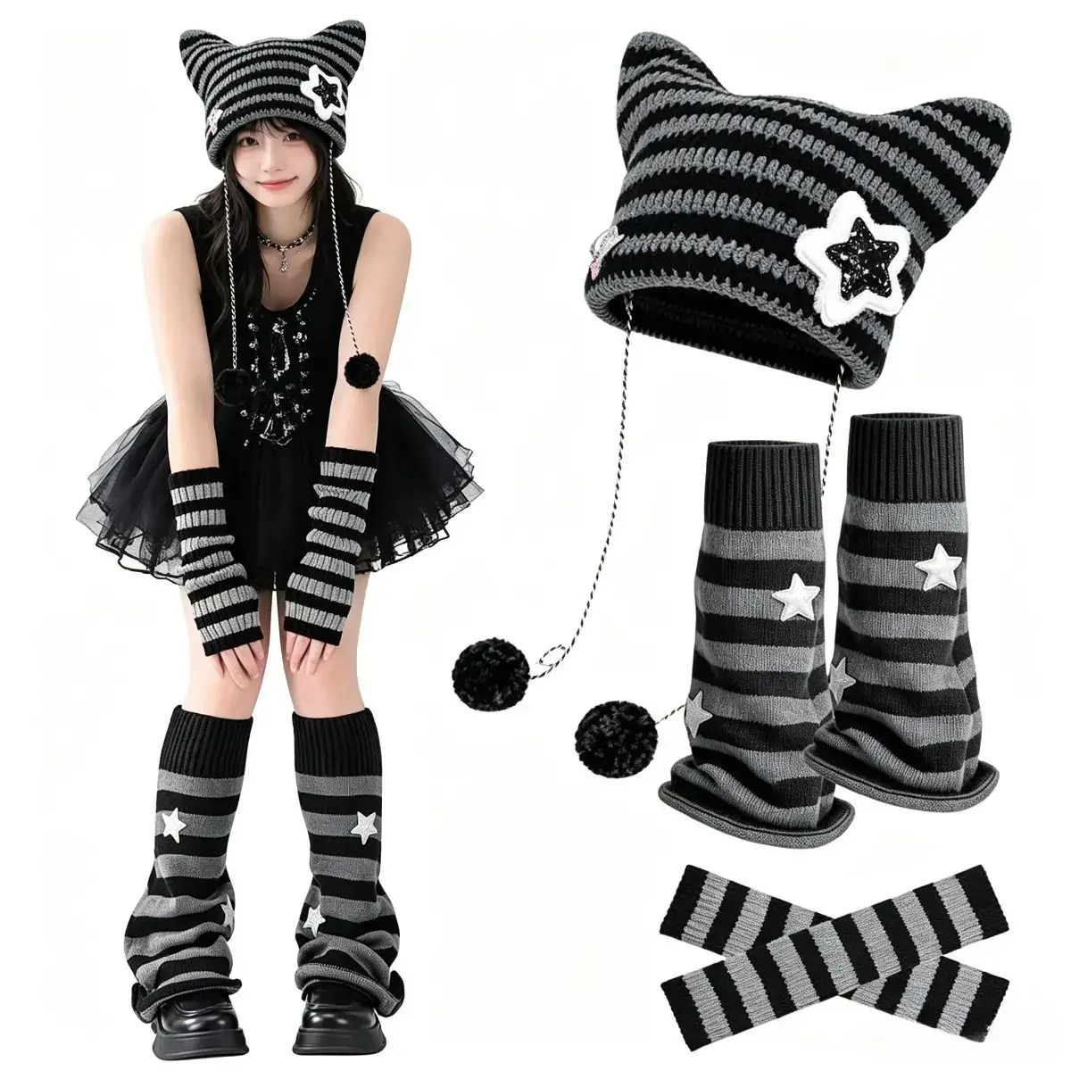 3PCS Y2K Retro Witchy Hat Set for Women, Vintage Star Pattern Beanie with Striped Knit Arm Warmers & Long Cozy Leg Socks, Soft Warm Winter Accessories, Gothic Aesthetic Layering Outfit for Halloween Party, Festival & Cold Weather Looks