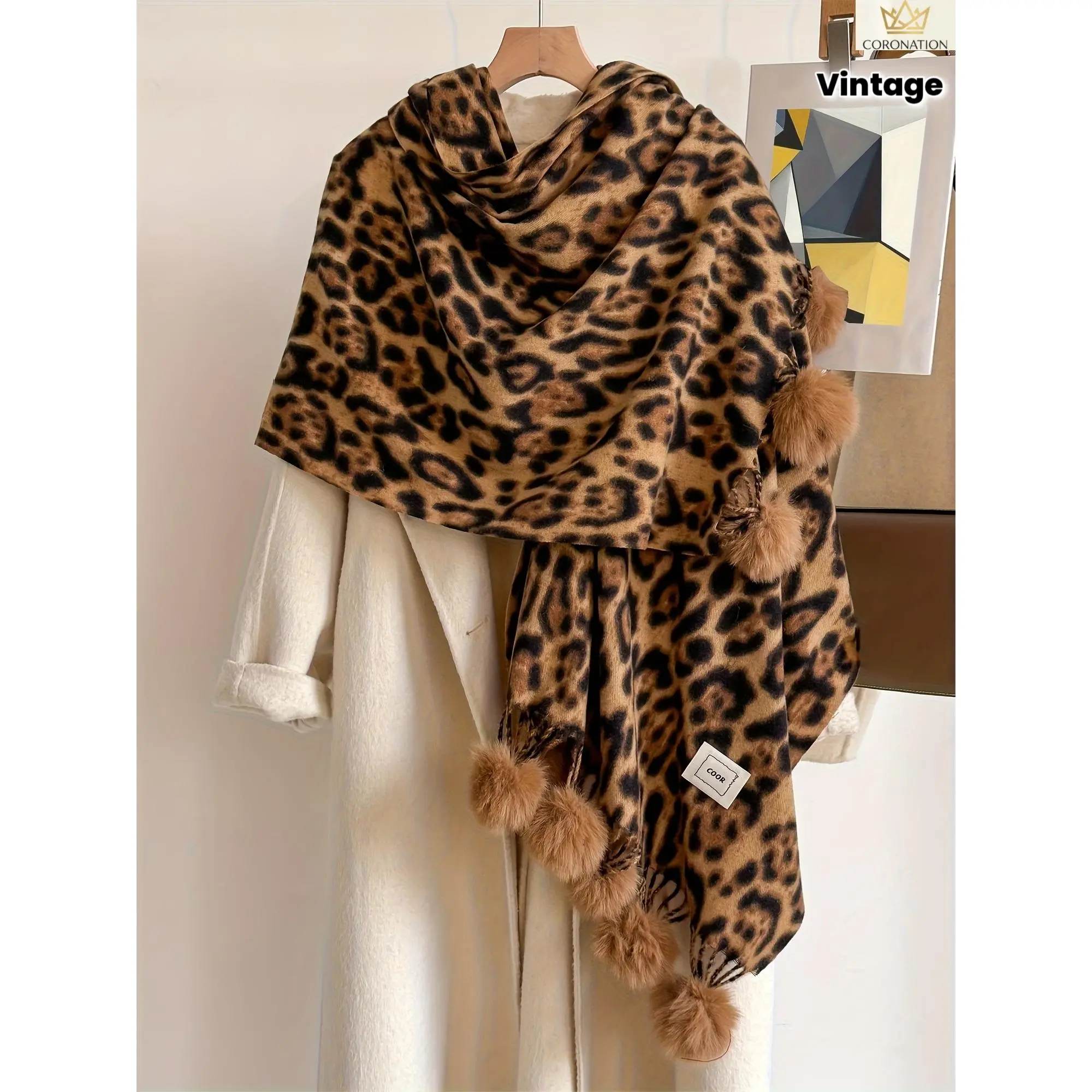 Retro Faux Fur Shawl for Women, Chic Animal Print Winter Wrap with Soft Trim, Cozy Accessory for Holiday Wear and Cold Weather, Shoulder Wrap, Lightweight, Cozy Wrap