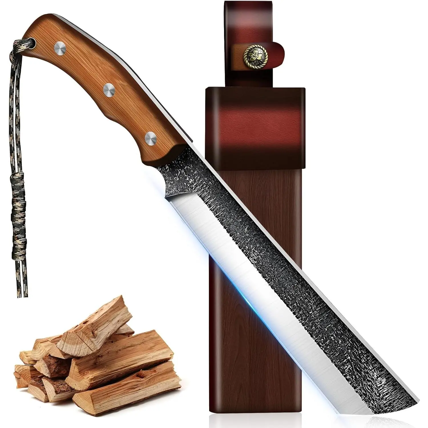 Kitchen Meat Cleaver & Boning Knife - Heavy Duty High Carbon Steel Machete for Yard Work Cutting Trees, Full Tang Kitchen Knife for Butchering & Bone Chopping with Wooden Sheath, Chef's Tool