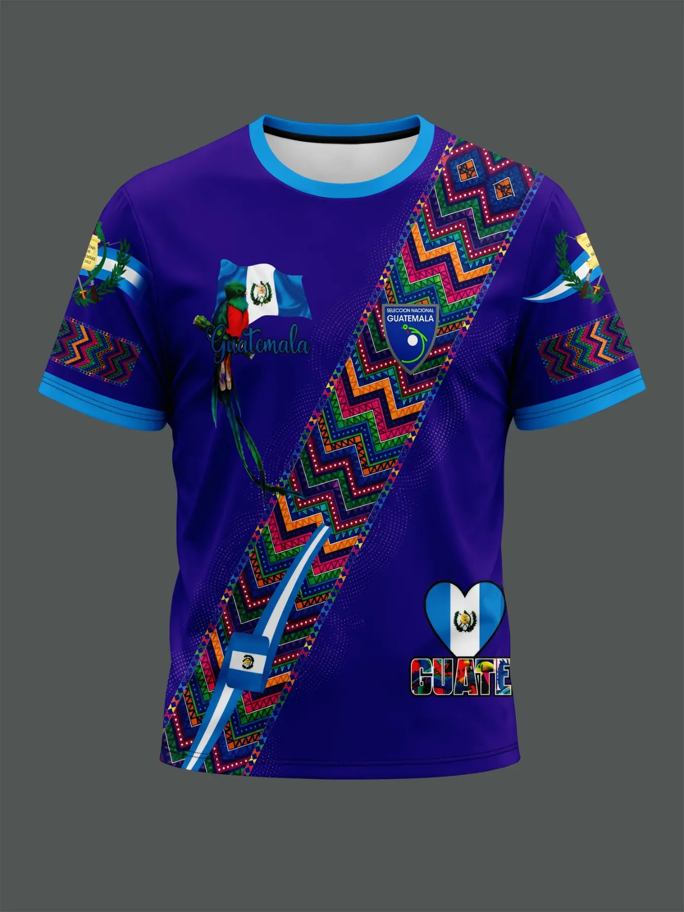 Guatemala Traditional Blue Sports Shirt, Casual Athletic Style, Colorful Zigzag Pattern, Flag Elements, All-Season Top