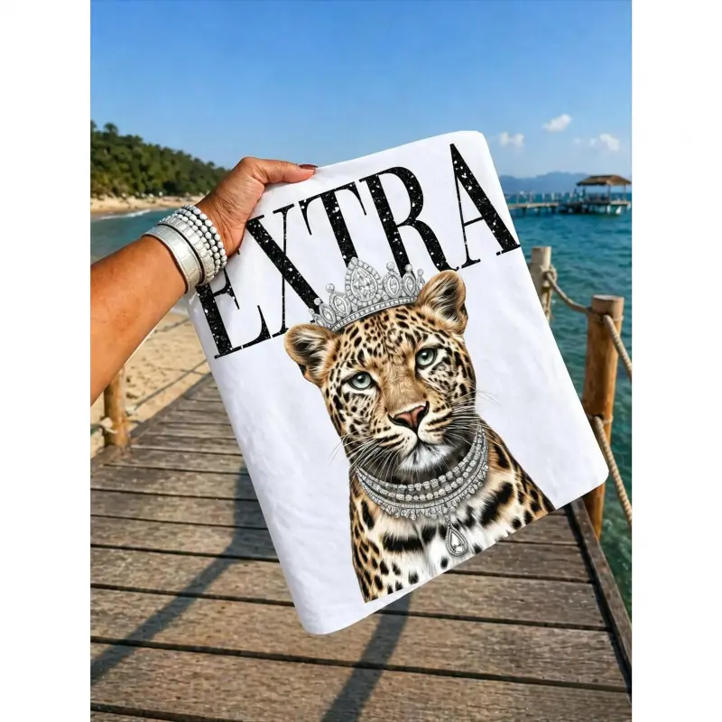 Leopard Queen: Crowned Cheetah - Printed Leopard Sticker T-Shirt Short Sleeve Casual Top Vintage Clothing Oversized T-Shirt Fashionable and Versatile Women's Shirt Custom Women's Shirt Women's Purple Raincoat Vintage Clothing