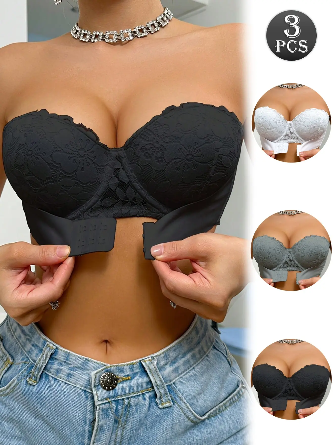 3PCSWomen's Lace Convertible Strapless Bra, Front Closure Buckle With Adjustable Underband, Free Transparent Invisible Straps, Underwire Push Up To Gather Side Fat