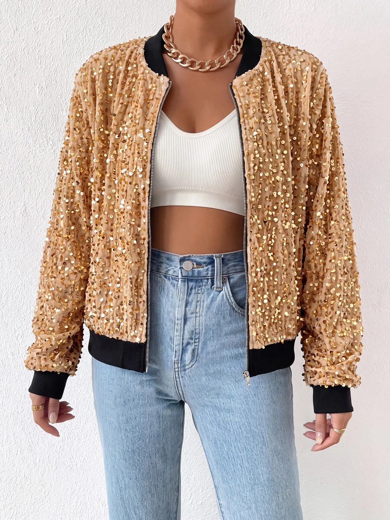 Women's Sequined Baseball Jacket, Streetwear Hip Hop Style, Zip-Up Knit Hem Long Sleeve Short Coat, Outerwear, Party Stage Bar Daily Wear