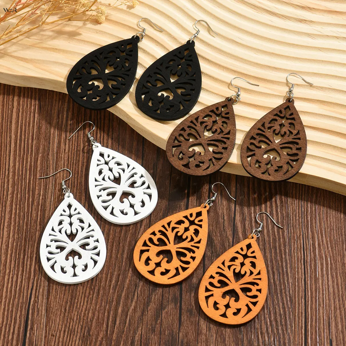 Vintage Hollow Scroll Teardrop Wooden Dangle Earrings, Laser Cut Retro Floral Wood Drop Earrings, 4 Color Boho Lightweight Fashion Decor Earrings for Women