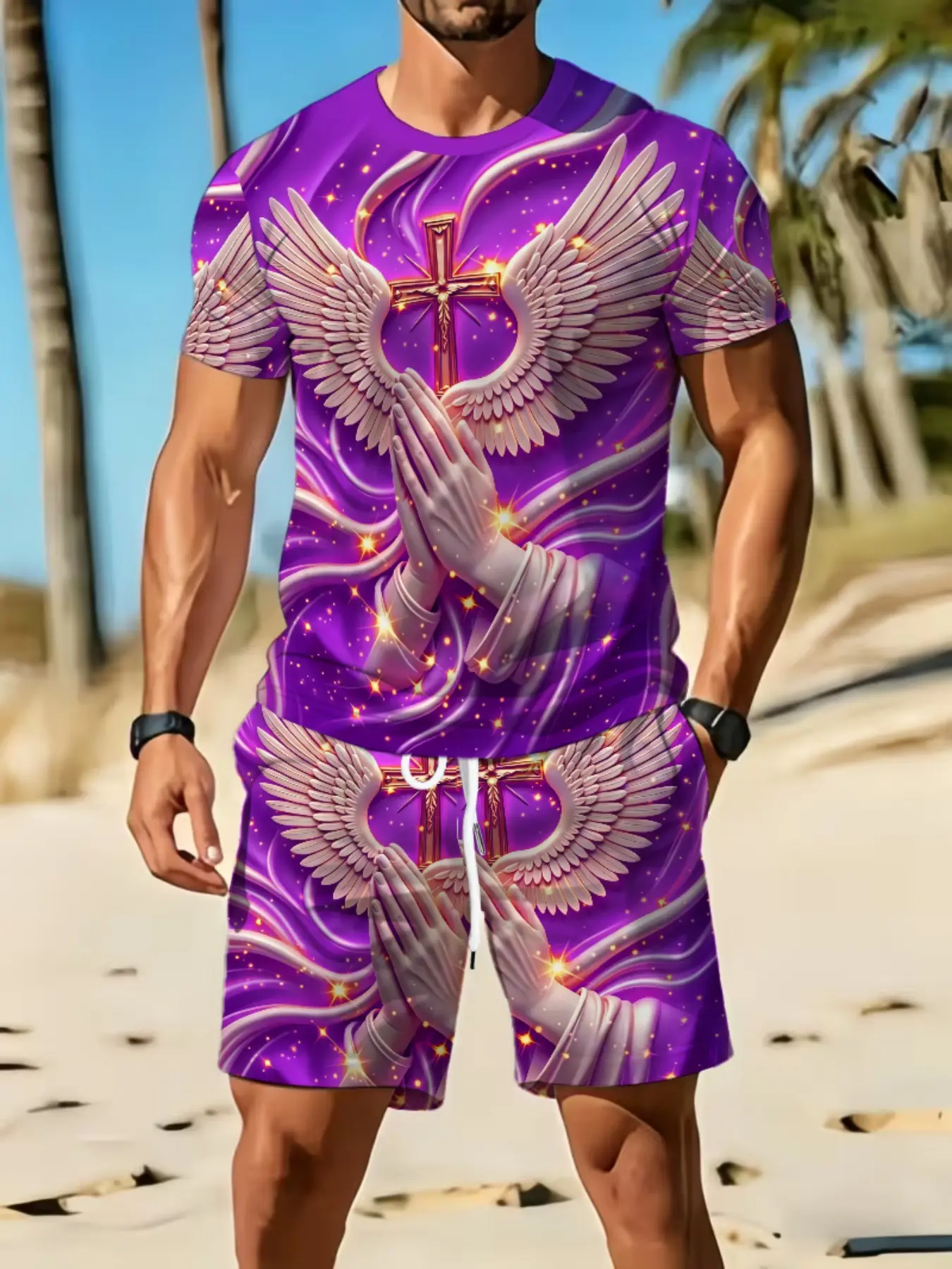 Men's Religious Print Two-Piece Matching Set, 3D Cross Wing Praying Hands, Flowing Wave Round Neck Short Sleeve Top, Drawstring Shorts