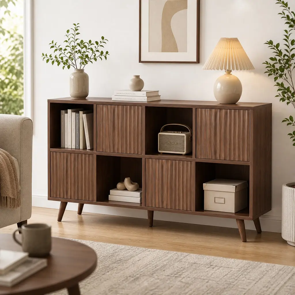 Walnut Finish MDF 8-Cube Heavy-Duty Bookcase Storage Organizer, Multifunctional Hidden Storage Living Room Furniture with 4 Adjustable Doors for Books & Collectibles, Freestanding Shelf Cabinet for Bedroom, 47.24W x 11.81D x 27.44H in