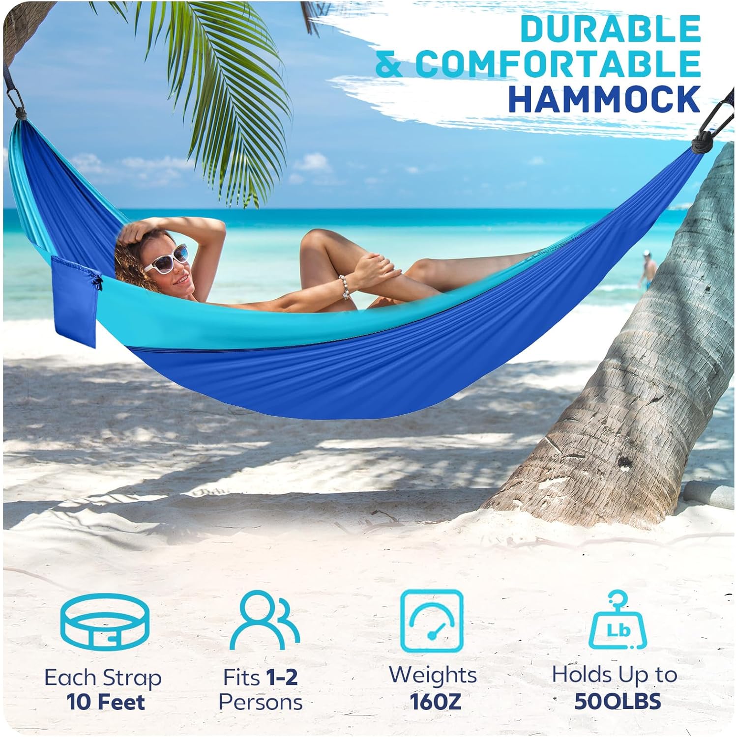 Camping Hammock Lightweight, Portable Hammocks Parachute Hammock with Two Tree Straps, Single or Double Travel Swing Nylon Camp Hammocks, Outdoor Essentials for Beach Backpacking Hiking for Gifts, Blue