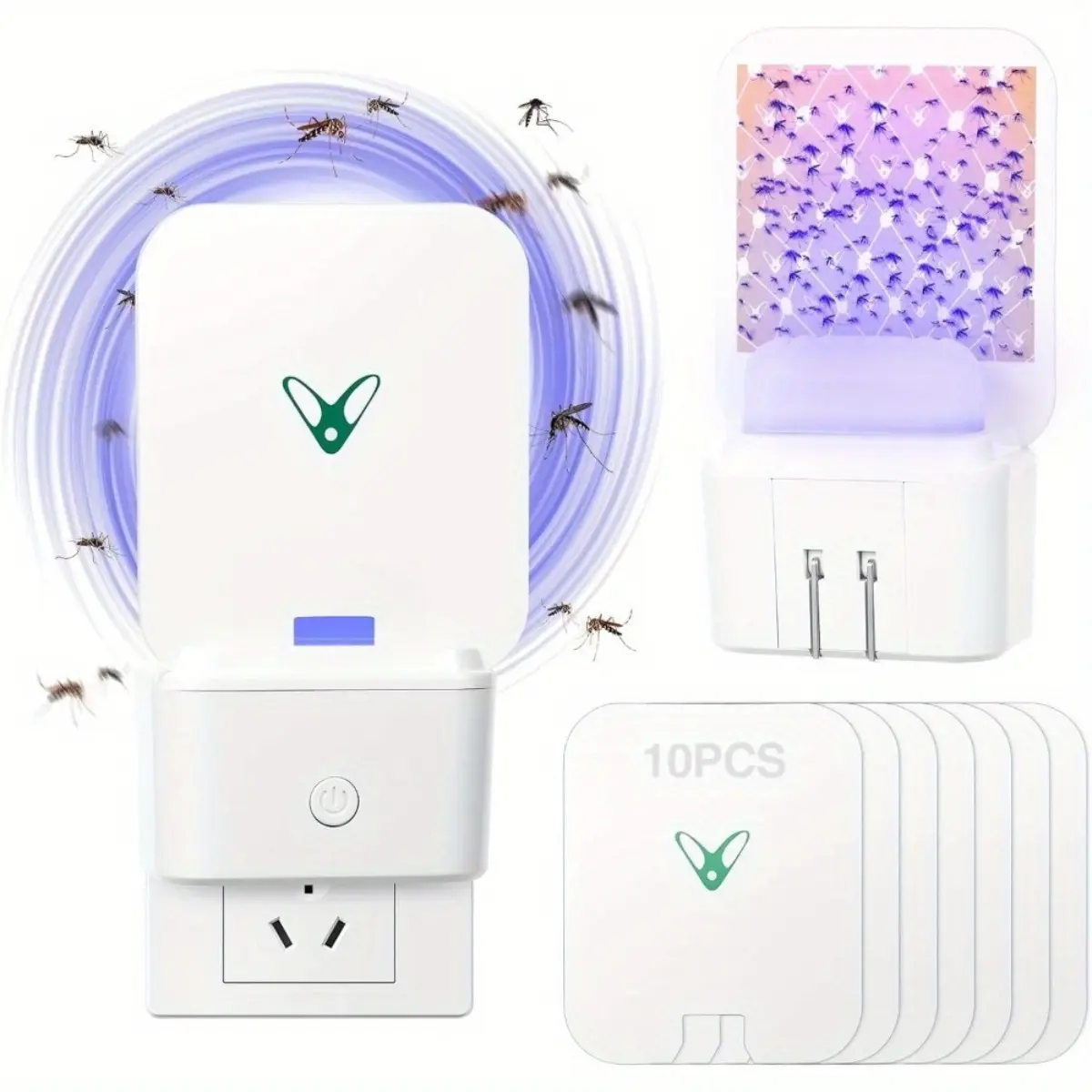 10pcs Smart 360° Insect Trap Plug-in – Indoor Bug Zapper with Sticky Glue Boards, Electric Fly Catcher for Kitchen Bedroom, 10 Replaceable Adhesive Pads Included, Portable Pest Control Solution, Effective Indoor Insect Trapping Device