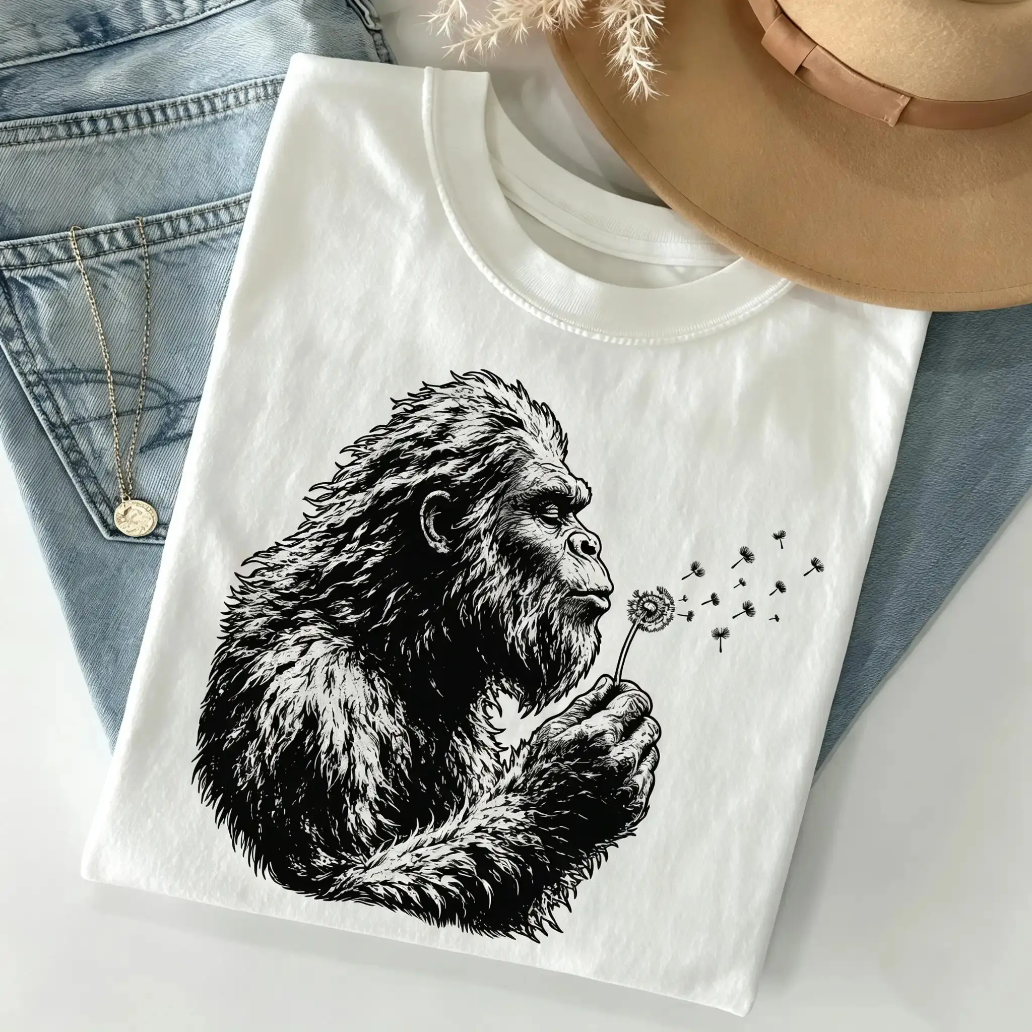 Bigfoot Dandelion Shirt, Vintage Sasquatch Nature Tee, Woodland Cryptid Graphic T-Shirt, Outdoor Adventure Shirt, Bigfoot Lover Gift