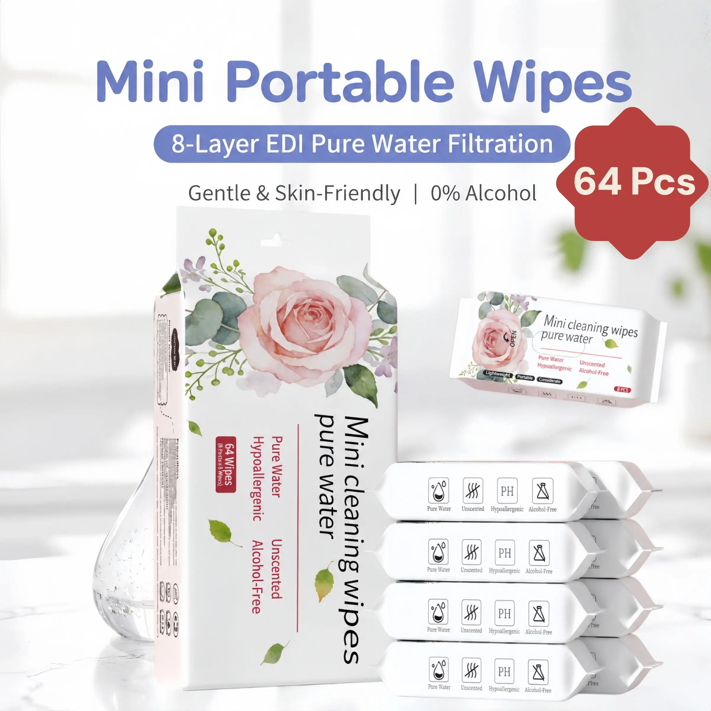 Baby Wipes Pure Water 64 Counts, Unscented Water Wipes for Sensitive Skin, Hypoallergenic Alcohol-Free Travel-Size Baby Wipes, Gentle Newborn Baby Cleaning Wipes, Portable Wet Wipes