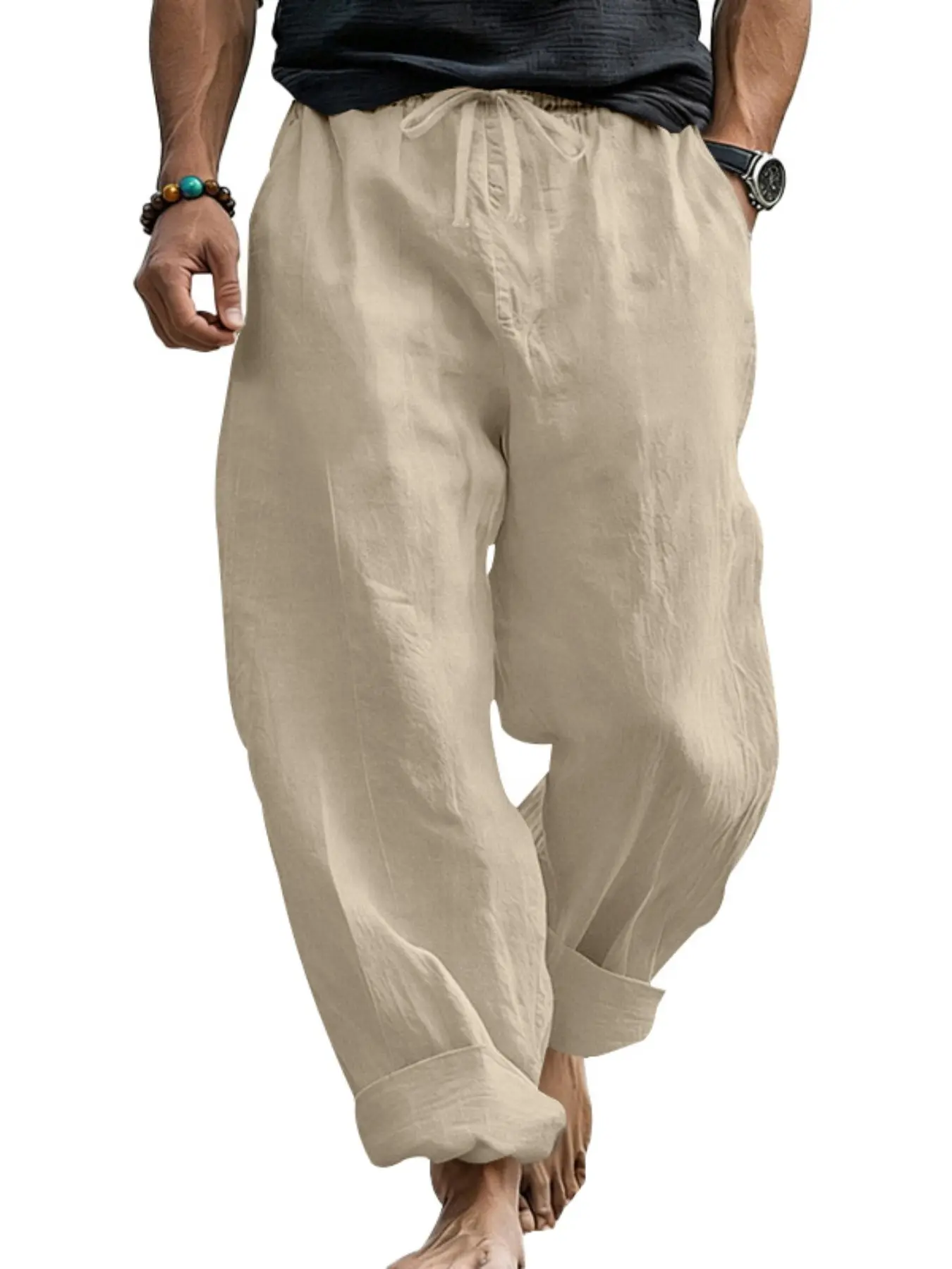 Men's Linen Loose Wide Leg Casual Pants, Elastic Drawstring Waistband, Roll Up Cuff Trousers, Ultra Light Breathable Fabric For Beach Vacation Walking Summer Outdoor Daily Wear