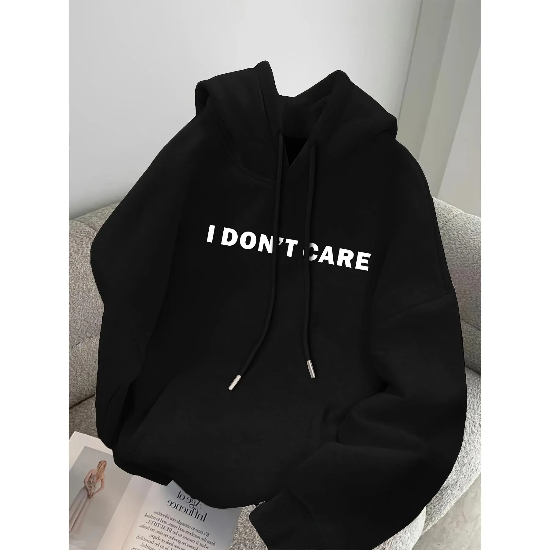 I Don't Care Letter Print Hoodie, Minimalist Slogan Pullover Sweatshirt, Casual Long‑Sleeve Hooded Top, Oversized Aesthetic Streetwear, Unisex Relaxed Everyday Sweatshirt