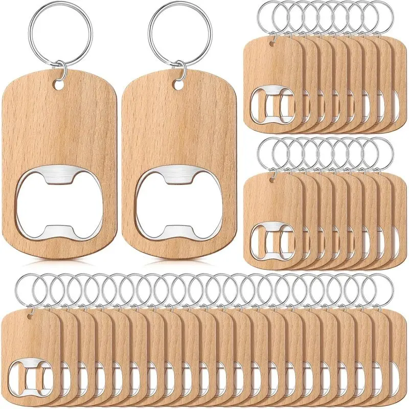 50 Pcs Wood Bottle Opener Wooden Keychain Bottle Opener Blanks Unfinished Keychain Wood Engraving Bulk for Wedding Birthday Party Favors DIY Gift Craft Supplies