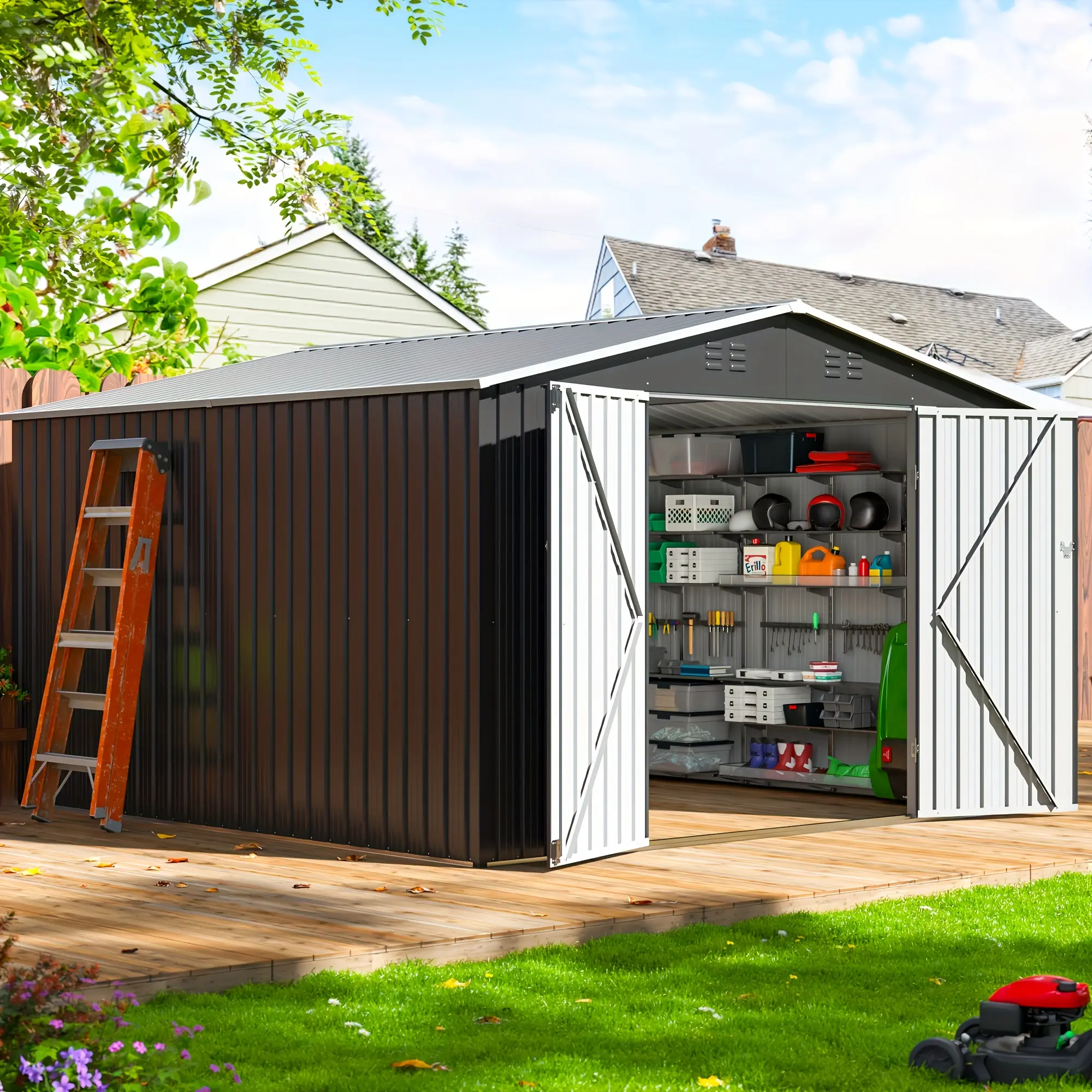 5x3FT 10x10FT Outdoor Storage Shed, Large Garden Shed, With Slooping Roof And Vent, Updated Reinforced And Lockable Doors, Metal Storage Shed For Patiofor Backyard, Patio, Garage, Lawn, Grey
