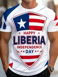 Liberia Independence Day Stars Men's Casual Print Short Sleeve Sports T-Shirt, Round Neck, Breathable, Summer Beach, Vacation, Daily Wear