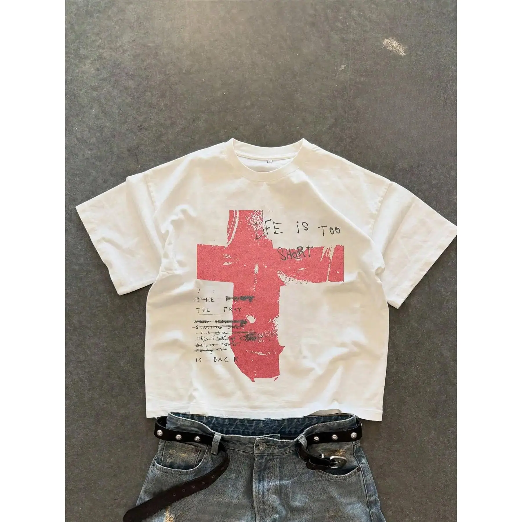 Unisex  Short-Sleeve T-Shirt with Cross Graffiti Print, Y2K Dark Gothic Streetwear Style, Loose-Fitting Long-Length Casual Daily Wear