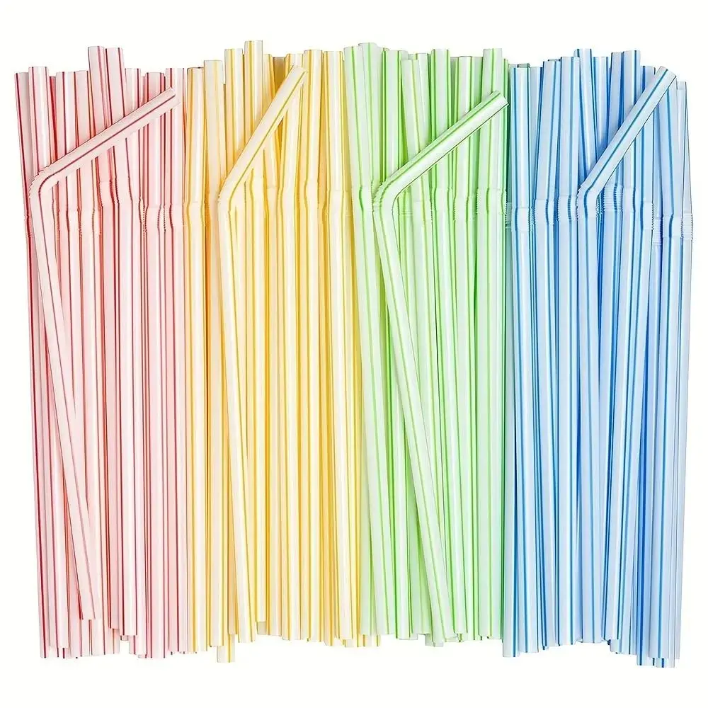 Striped Pattern Disposable Straw, 100pcs Multicolor Flexible Bending Plastic Straws, Bendable Drinking Straw, Party Supplies
