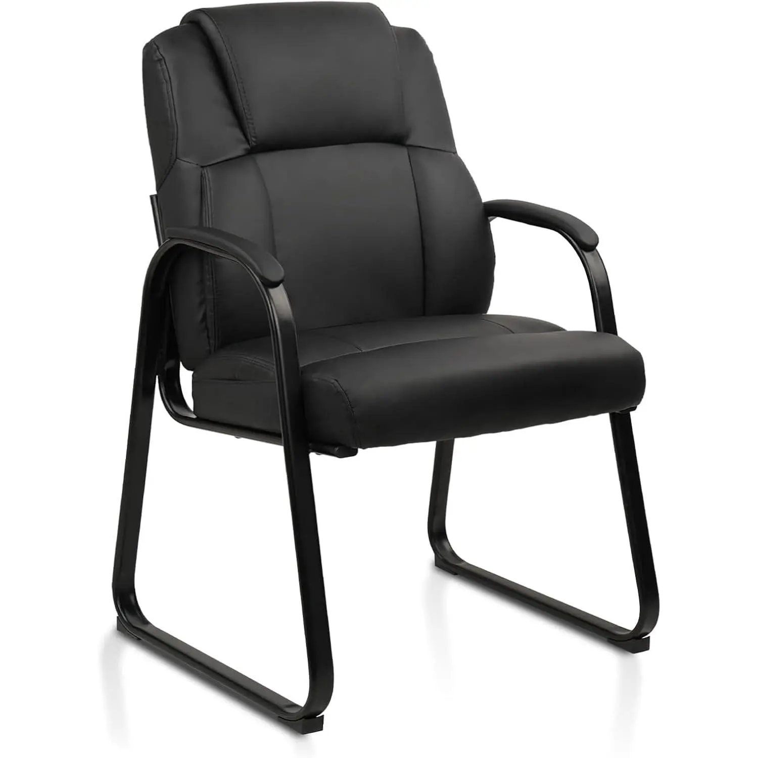 Black Leather Reception Guest Chair with Sled Base, Padded Armrests & Contemporary Decor Fit, 1-Pack Office Stationary Armchair for Meeting Room & Waiting Room
