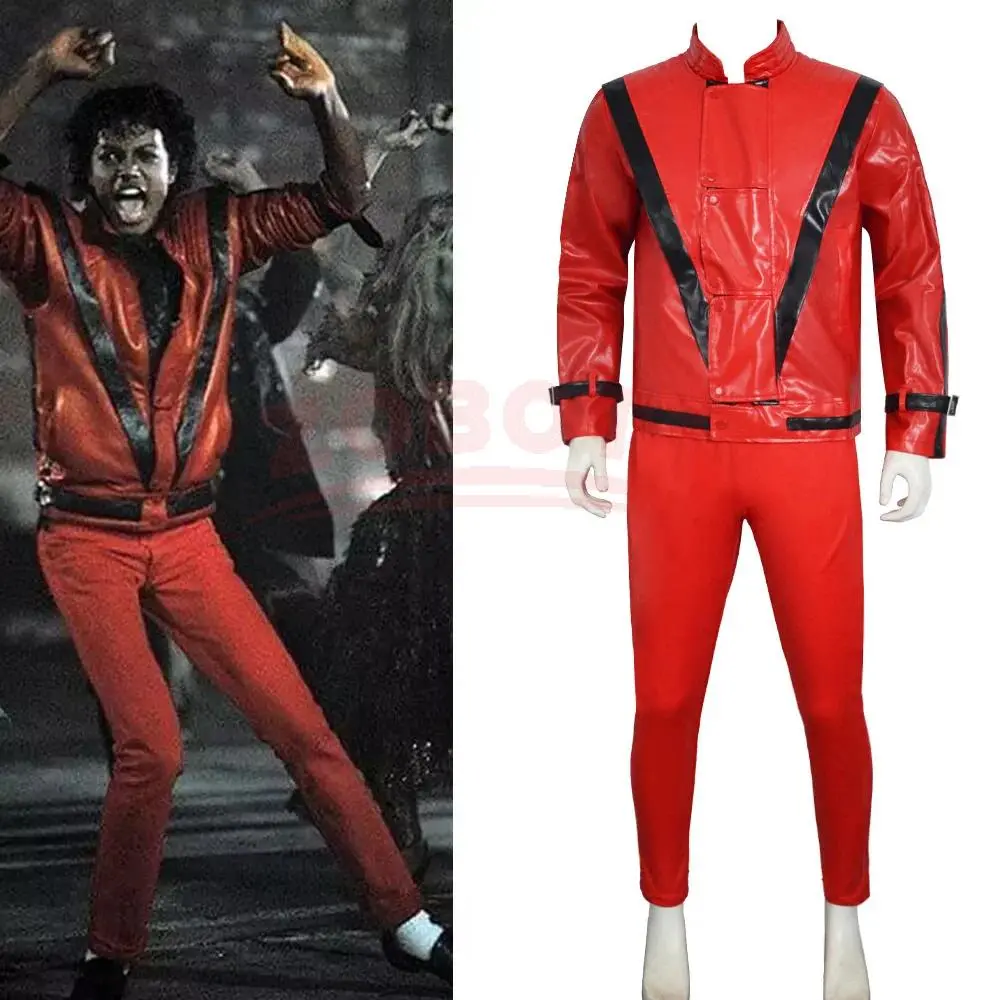 Michael Jackson Cosplay Red Faux Leather Costume Halloween Party Stage Performance Role Play Full Outfit