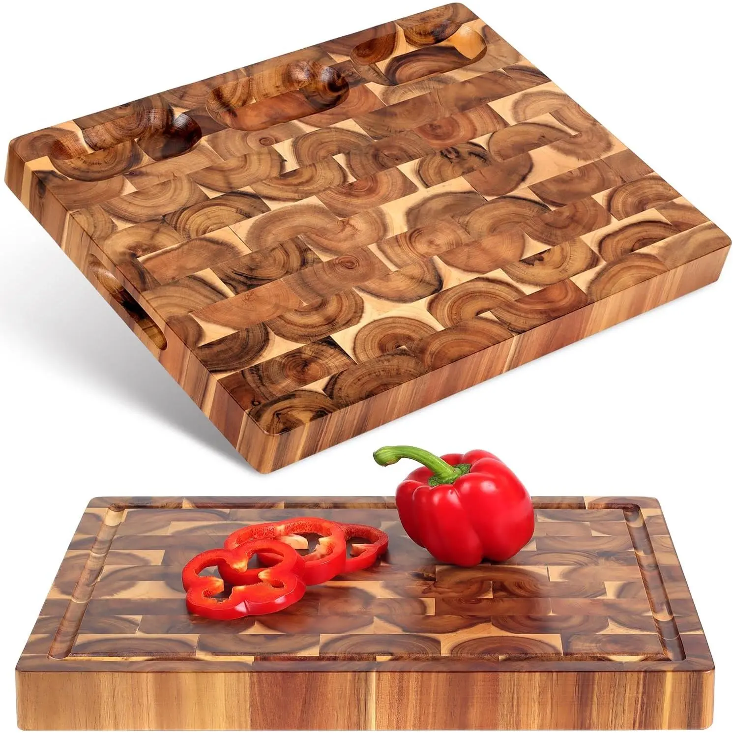 Acacia End Grain  Board (17x13x1.5in), Butcher Block - Reversible Multipurpose Chopping Board with Juice , Cracker Holder & Inner Handles
