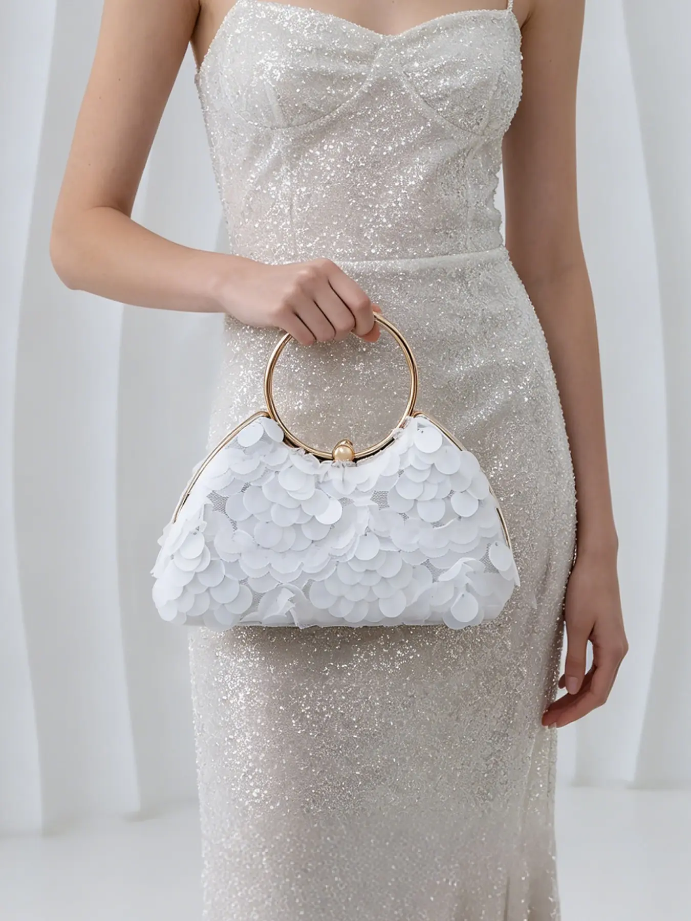 Pure White 3D Petal Sequin Frame Bridal Shoulder Crossbody Crescent Clutch Wristlet with Big Gold Circle Ring Handle, Sequin Frame Party Evening Bag, Detachable Thin Gold Chain Purse Romantic Wedding Bride Bridesmaid Evening Handbag For Prom Ceremony