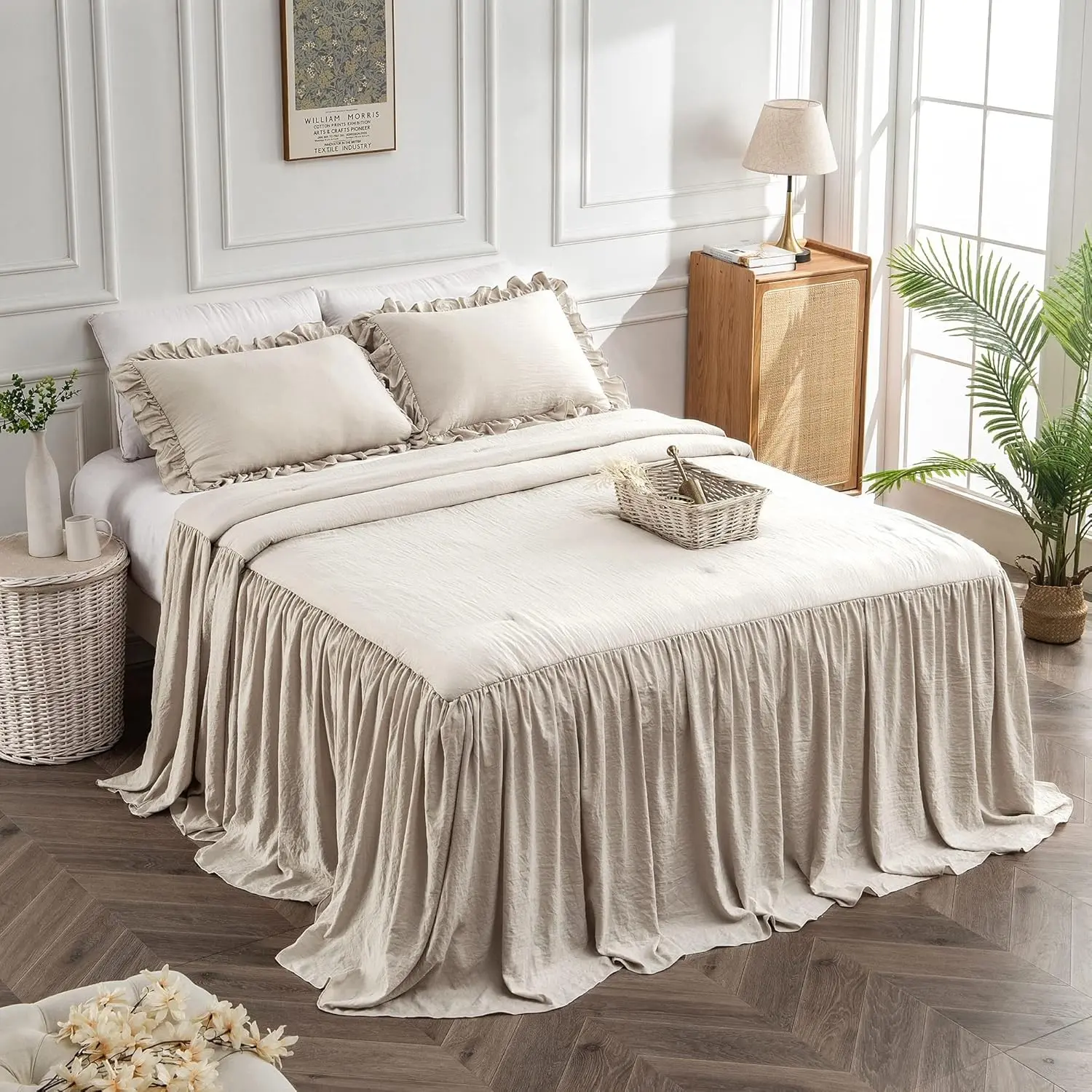 Home Bedding Bedspread Set Quilt - Farmhouse Bedspread Summer Coverlet Bed Spreads, Lightweight Quilt Chic Vintage Bedding Ruffle Skirt Bedroom Rustic with 2 Pillow Shams (King, Wheat Yellow)