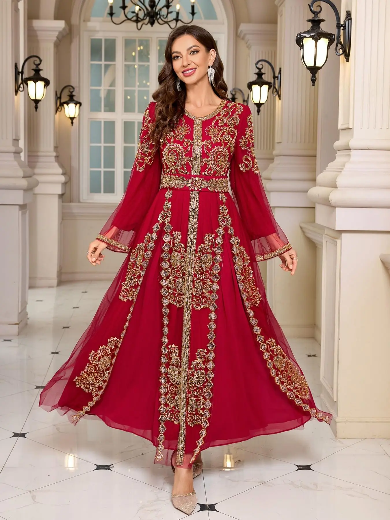Elegant Beaded Long Dress with Long Sleeve, Floral Pattern, Perfect for Ethnic Festivals, Birthday Parties, Formal Dinners, Stage Shows, Party Evening Wear, Spring Summer, Womenswear