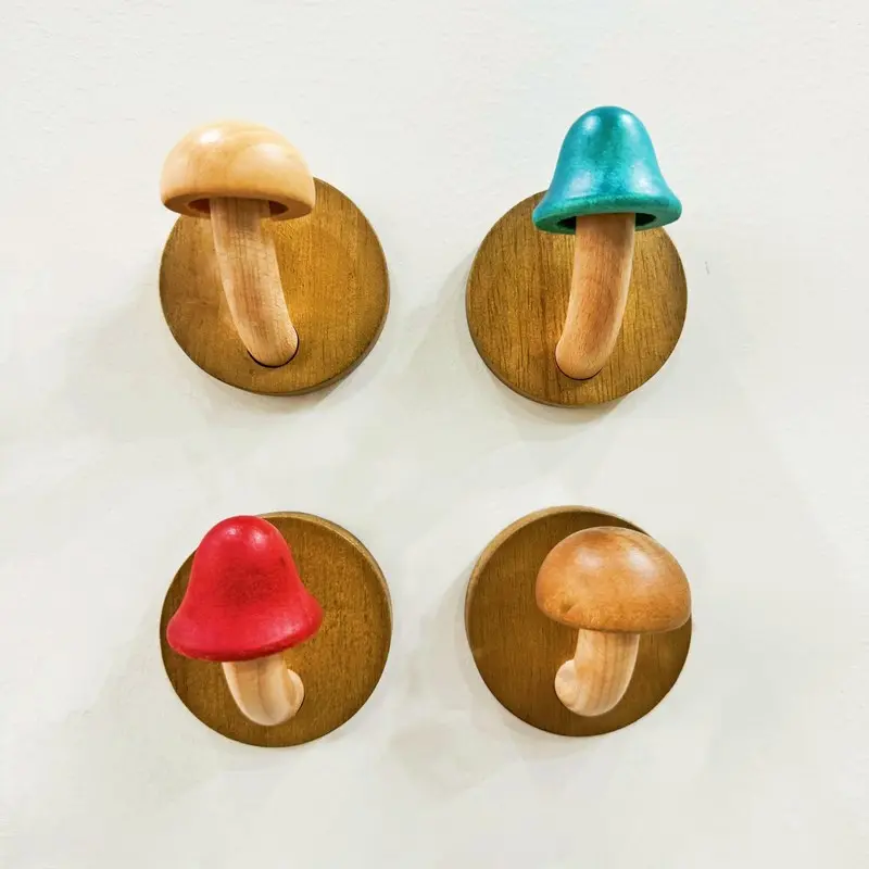 Set of 4 Artistic Wooden Mushroom Hooks for Clothes And Hats, Solid Wood Non-Perforated Clothes Hook, Nordic Style Raw Wood Hanger, Door Storage Hook, Decor Hooks