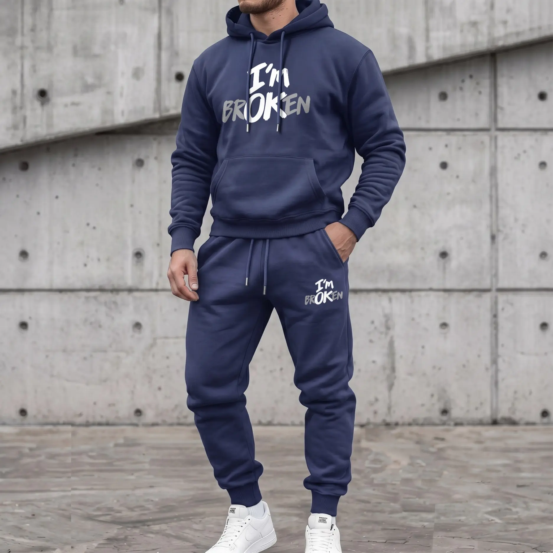 Men's Tracksuit Set, 2-Piece Casual "I'm Broken" Letter Print Pullover Hoodie and Loose-Fit Joggers for Streetwear, Minimalist, Menswear, Sports Clothes, Fabric