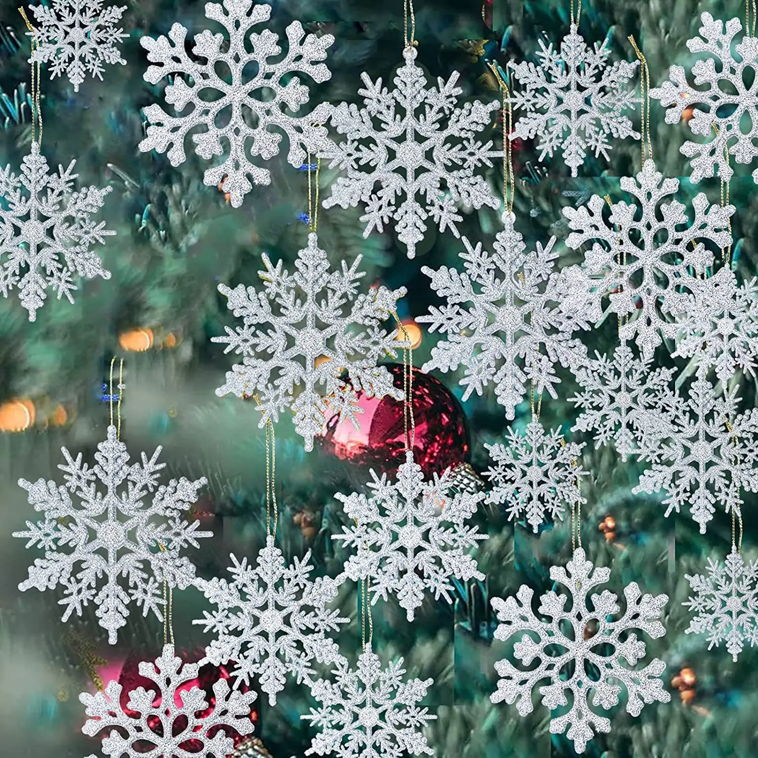 36pcs Silver Color Shiny Snowflake Christmas Tree Ornaments, Perfect for Holiday Parties, Winter Festival Decorations, Model 101