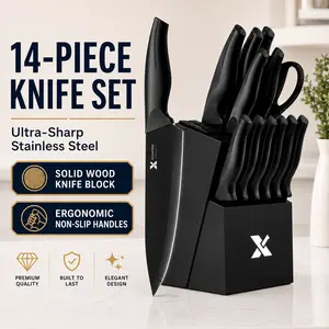 XANAPON 14-Piece Sturdy Kitchen Knife Set with Block, High-Carbon Stainless Steel Knives, Extremely Sharp Blade, Ergonomic Handle, Black Dishwasher-Safe Easy Storage