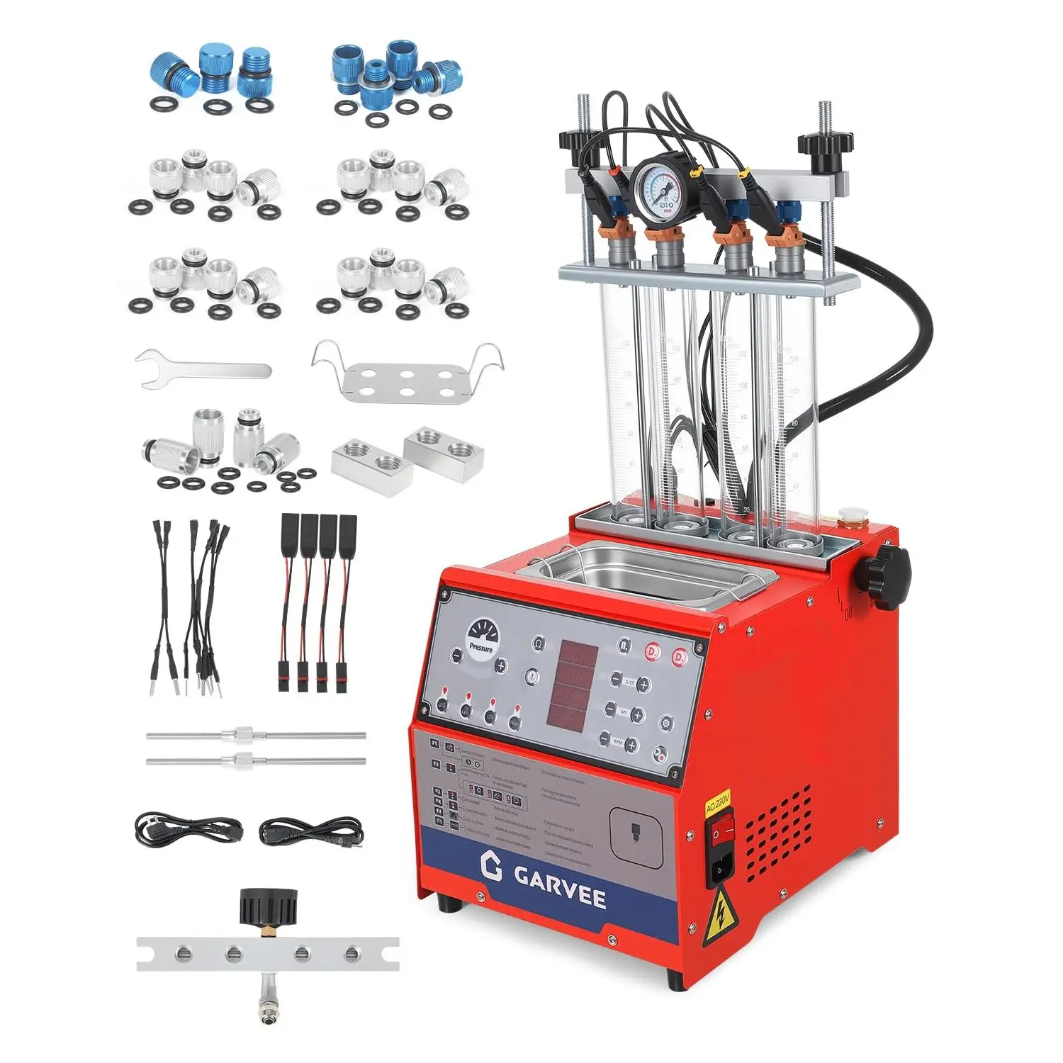 Fuel Injector Cleaner Tester 4-Cylinder 11 Test Modes 12V, Ultrasonic GDI Injector Cleaning Machine, 0-10 bar, Pulse Width (0.1-25ms), Resistance Test, Digital Display, Supports GDI Injectors