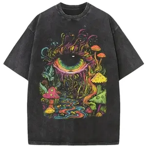 Men's Retro Trippy Mushroom Eye T-Shirt Washed Black Oversized Graphic Tee Casual Streetwear Psychedelic Fashion Tops