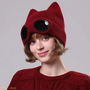 Unisex Cotton Cat Ear Beanie With Fleece Lining, Ear Flap And Attached Goggles, Stretchable Adjustable One-Size Headwear Designed For Outdoor Winter Sports, Cold Weather Daily Activities And Seasonal Casual Wear