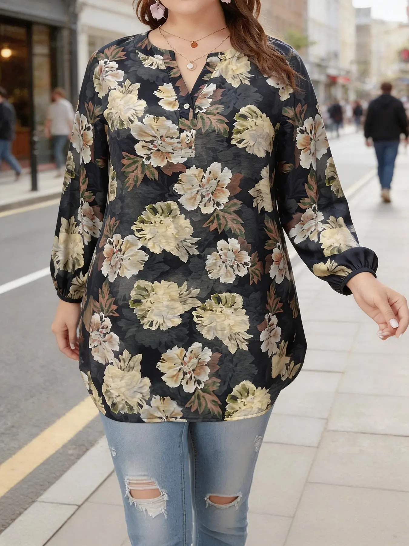 Plus Size Women's Spring & Fall Vintage Floral Print Long Sleeve Top, Loose Fit Comfortable Shirt, Casual Commuter Wear