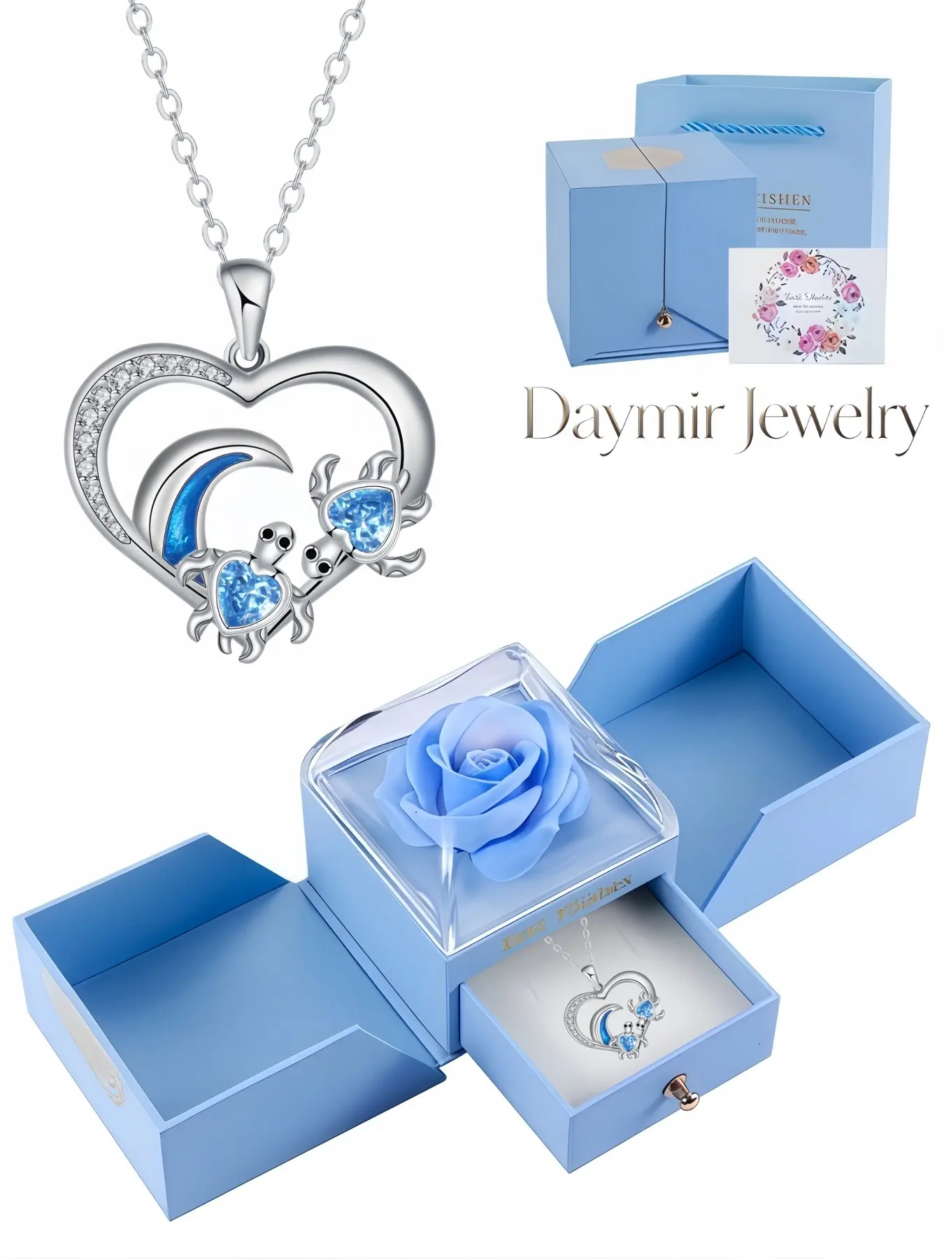 "Ocean Heart Turtle Silver Necklace" Unique heart-shaped sea turtle diamond inlaid necklace. Paired with double-door simulated forever rose jewelry box, ideal gifts for dates, Valentine’s Day and Christmas.