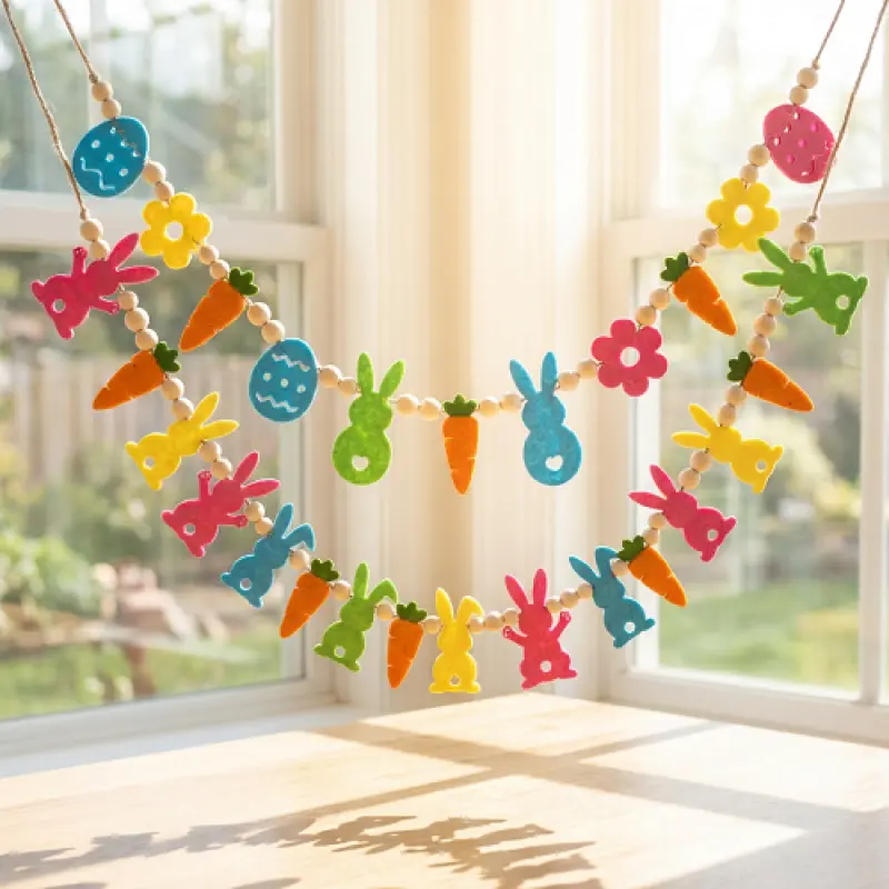 Colorful Felt Easter Garland with Wood Beads, Bunny-Carrot-Egg Photo Hanging Banner, Household Party Decor for Mantel, Fireplace, Windows with Flowers Accents