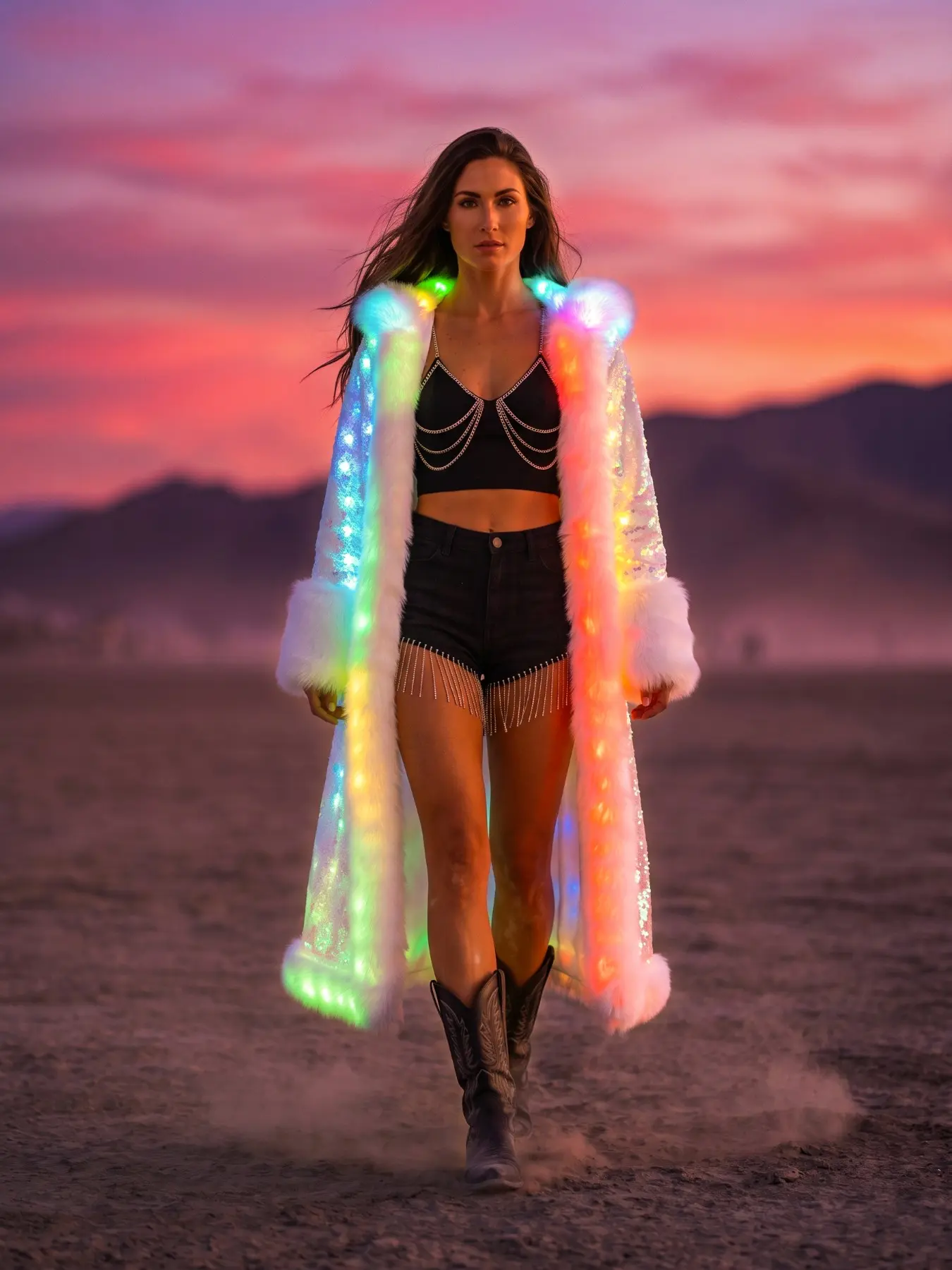 Women's Fish‑Scale Design Long‑Sleeve Faux Fur Jacket with Built‑in LED‑Light (Battery Not Included), Fall‑Winter Casual Costume for Christmas, Halloween, Cosplay & Party Outfits