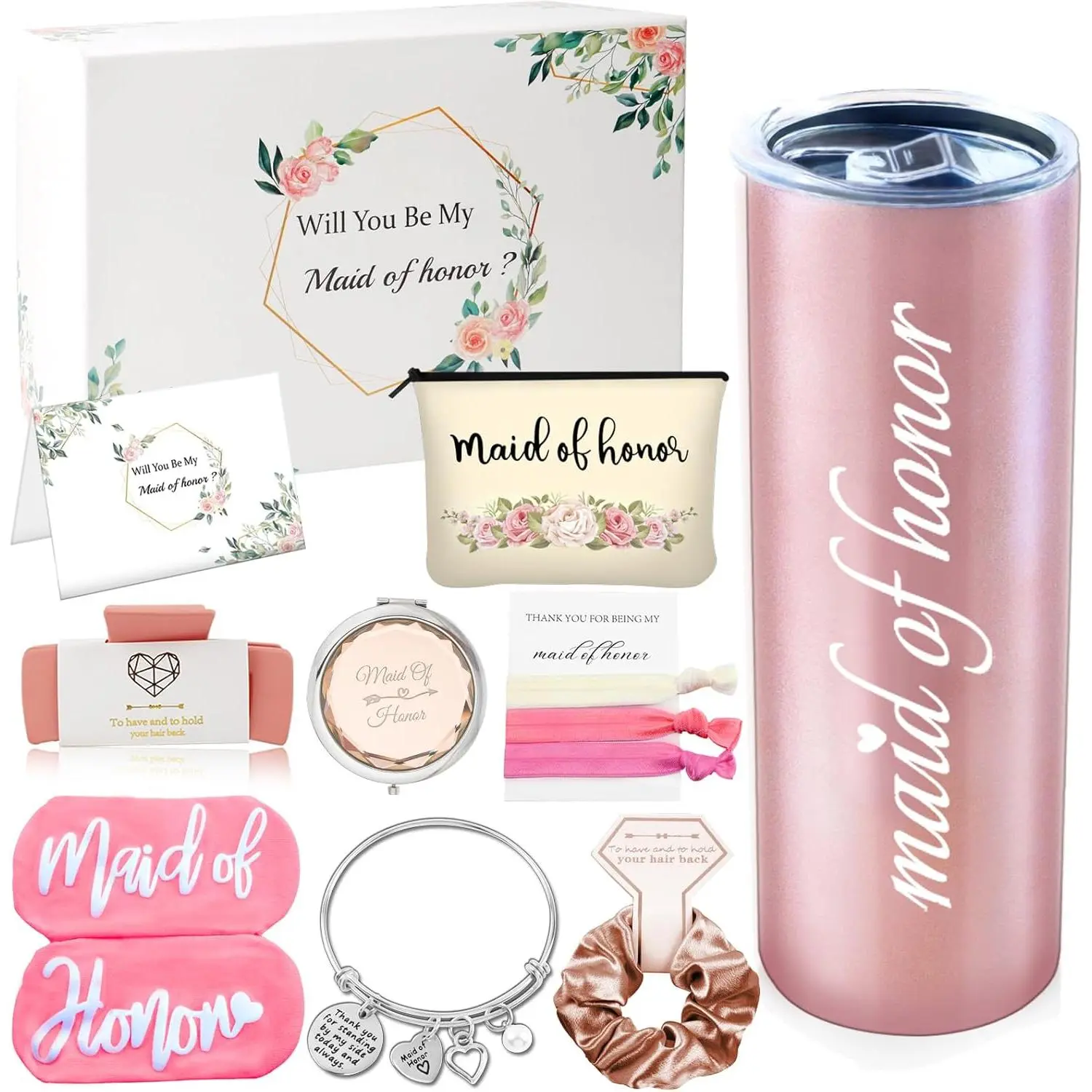 Maid of   Box Set,10Pcs Bridesmaid Proposal  20oz Stainless Steel Tumbler,Soft Socks, Makeup Bag,Bracelet,Portable Mirror,Hair Claw,Luxury  Box Bachelorette Party Engagement