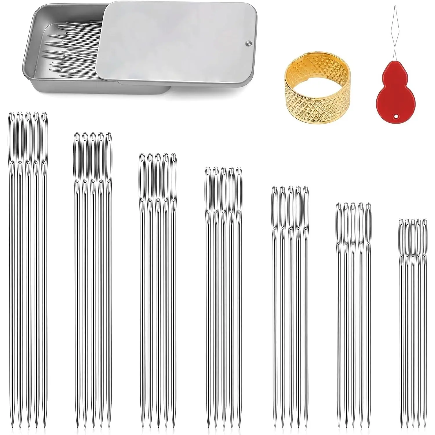 35 count Stainless Steel Sewing  Set, Large Eye  Hand Sewing  in 7 Sizes, Leather Sewing  with 2  Threaders and Metal Storage Case for Sewing, Craft and Embroidery