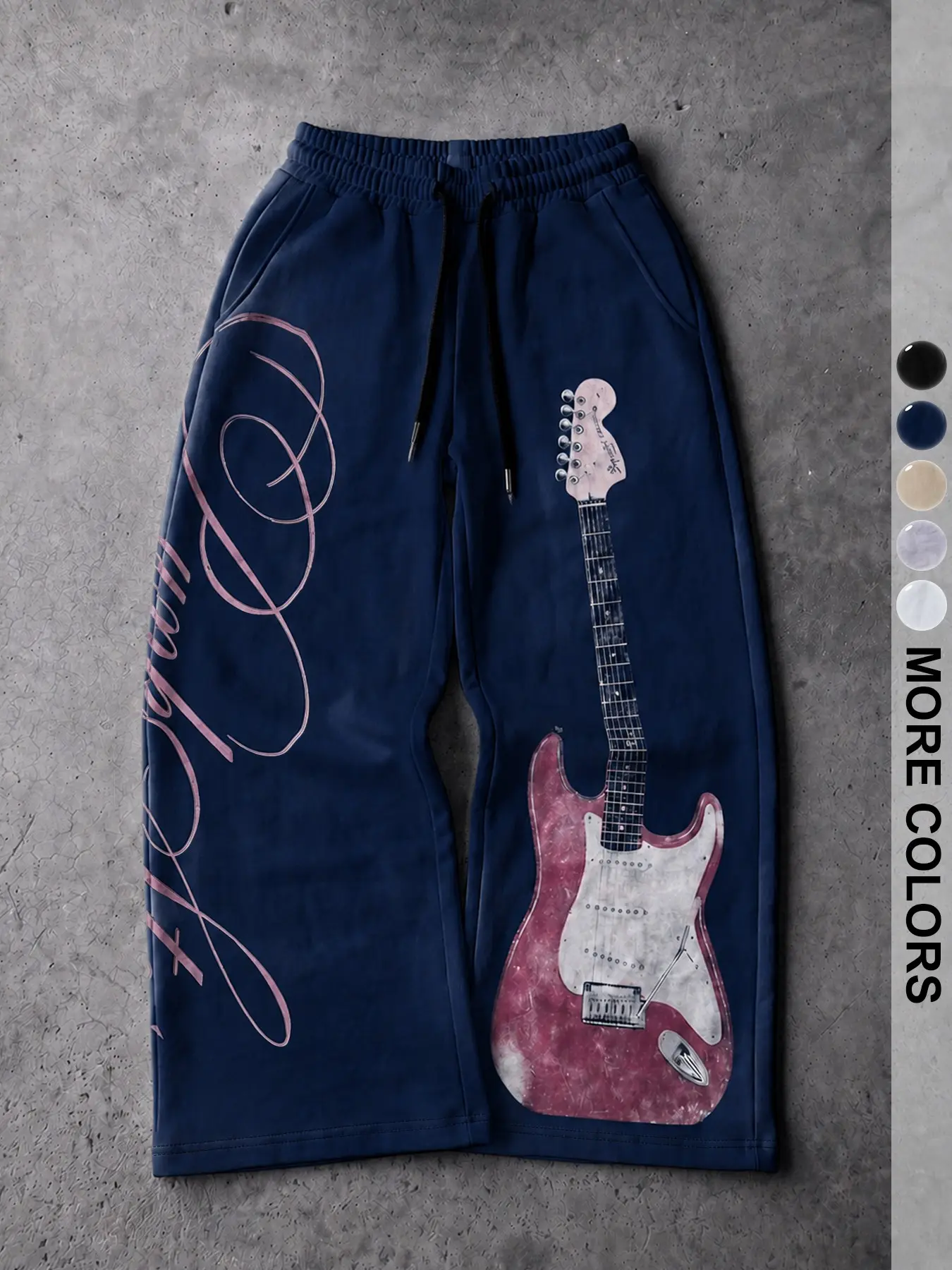 Men's Retro Rock Guitar Print Wide Leg Sweatpants, Loose Fit Straight Leg Drawstring Casual Long Pants, Vintage Letter Design
