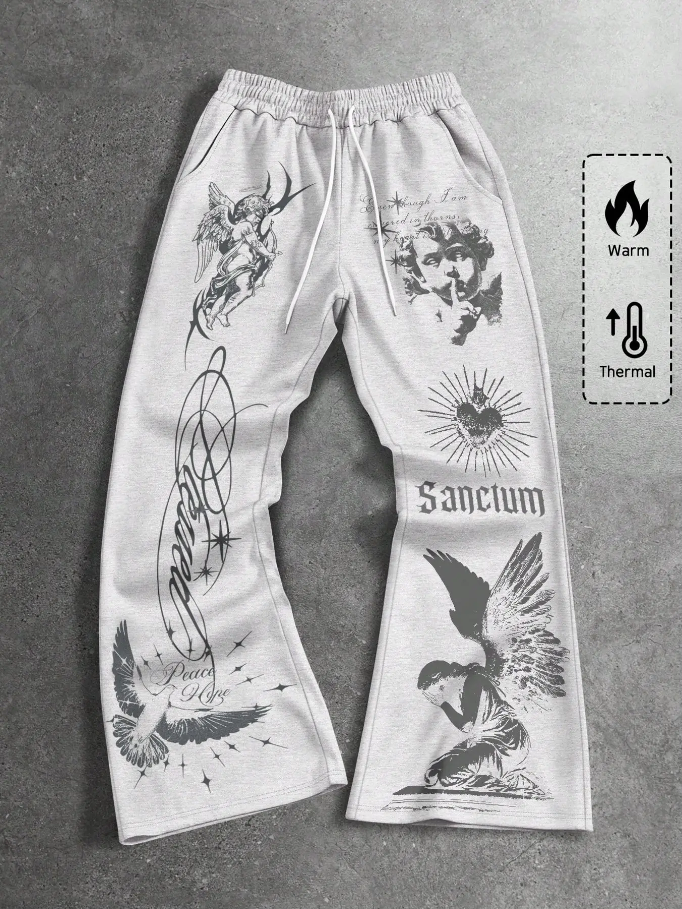 Men's Heather Grey Flared Wide Leg Sweat Pants, Vintage Cherub Angel Sacred Heart Dove Gothic Script All Over Print Drawstring Baggy Y2K Grunge Streetwear Bootcut Jogger Trousers with Side Pockets for Men