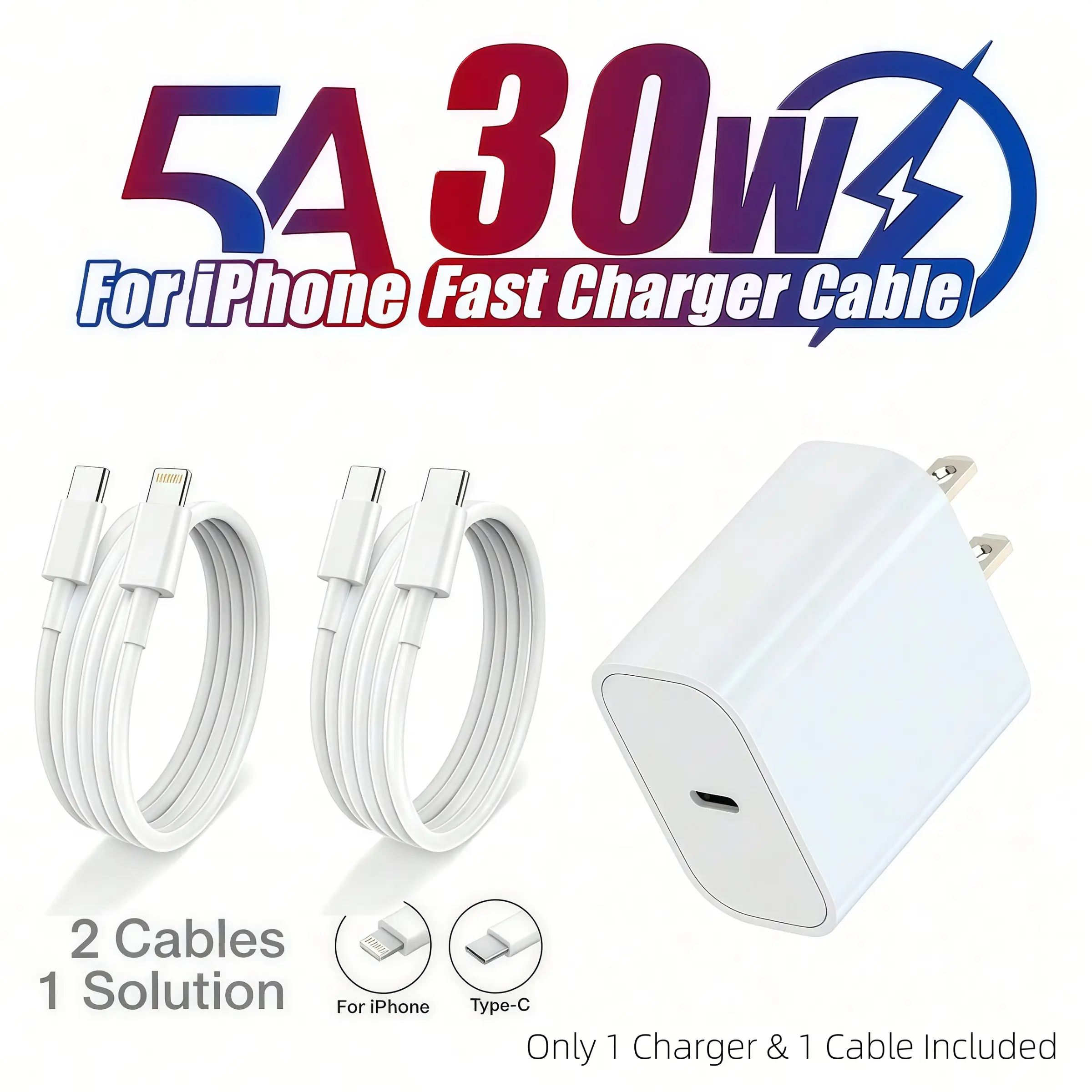 30w Apple Fast Charging Kit, USB C Wall Charger + 3.3ft Type-C to Lightning Cable, Compatible with iPhone & Samsung, Ideal for Home Office Travel